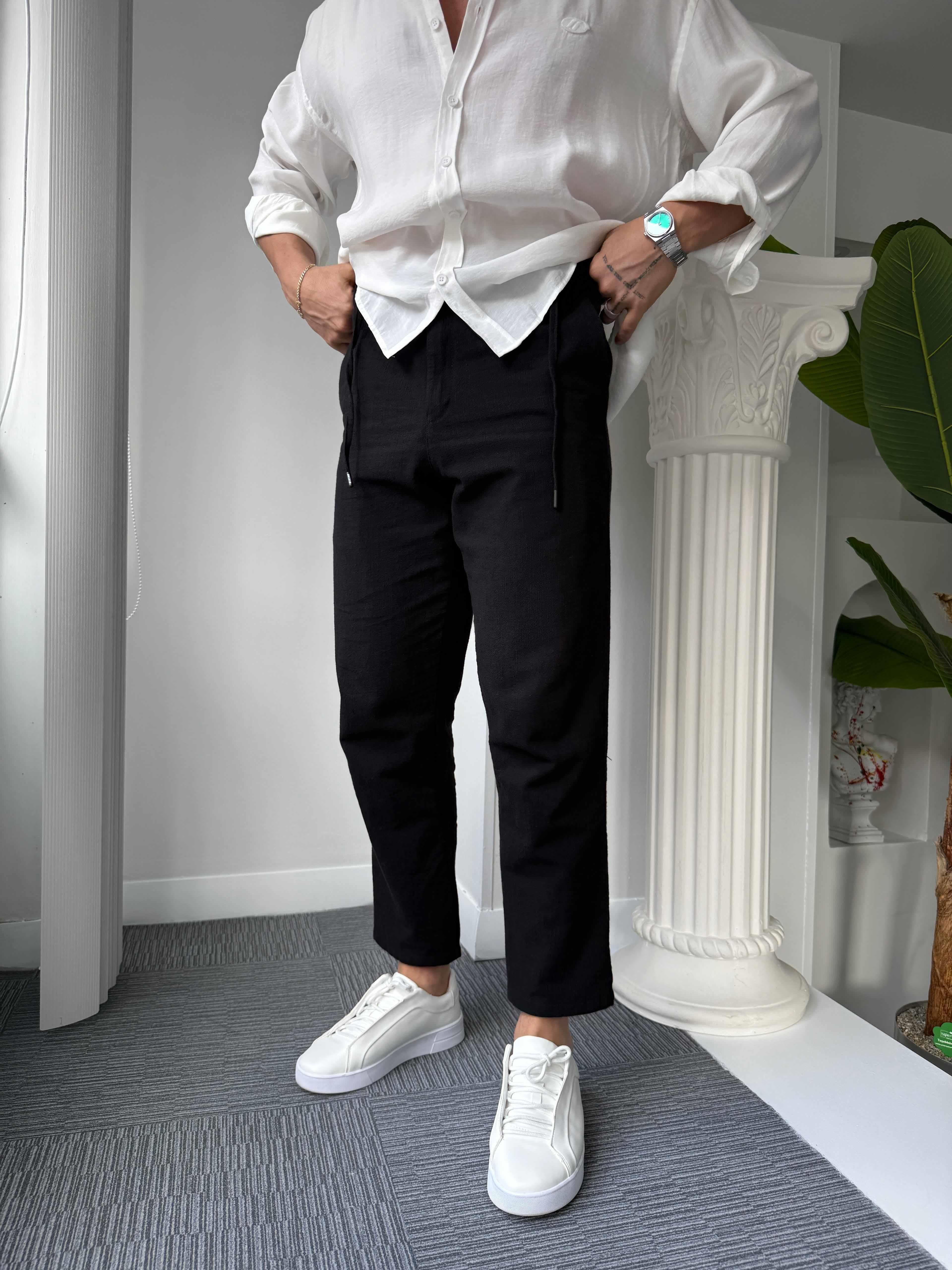 Siyah Giesto BF Kalıp Linen Pantolon