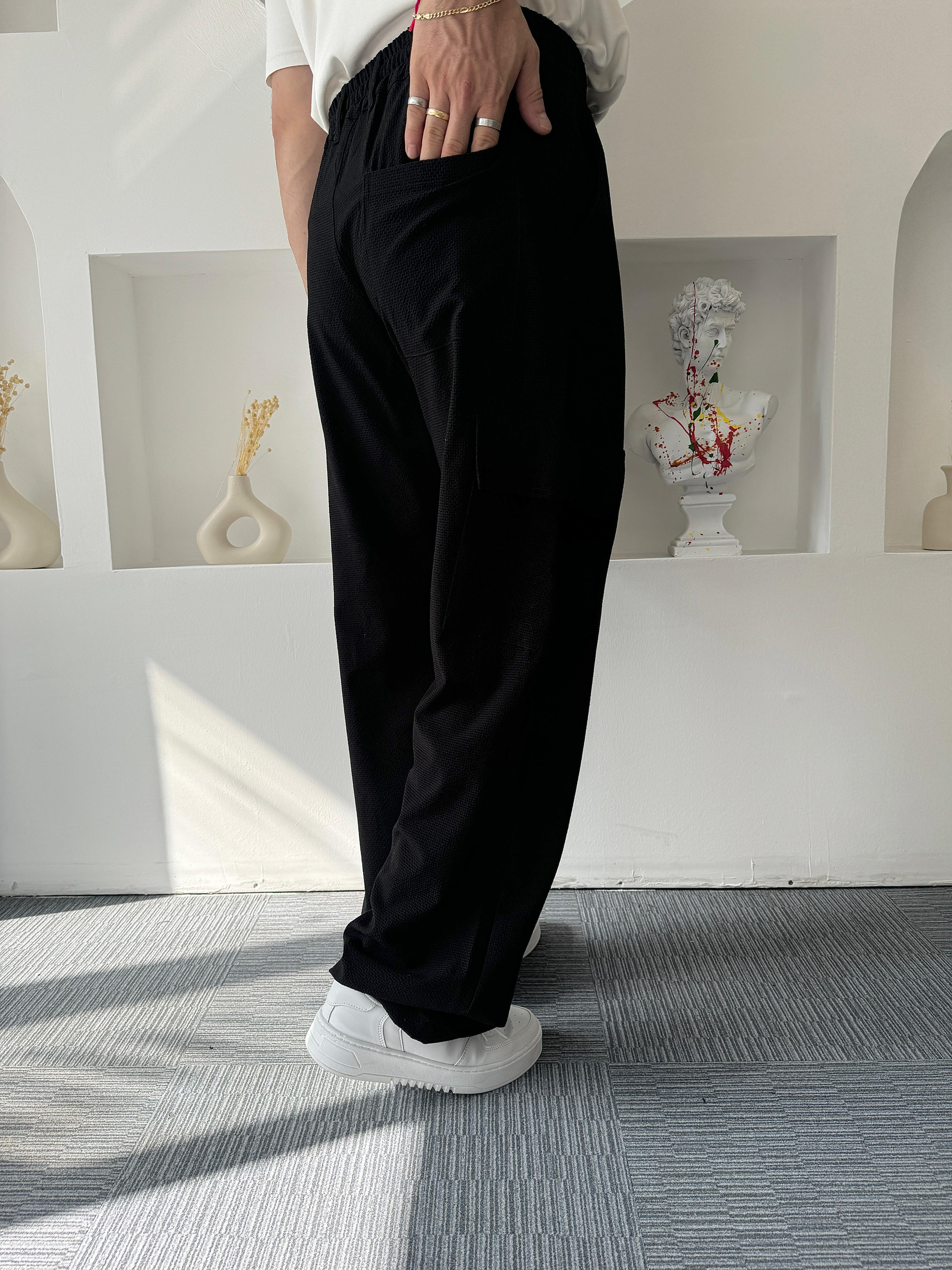 Siyah Gofre Kumaş Baggy Kargo Pantolon