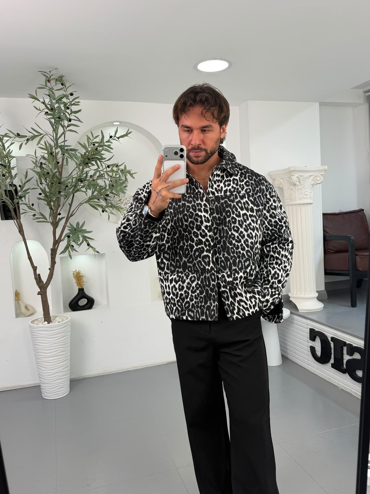 Siyah KN Leopar Desen Oversize Ceket