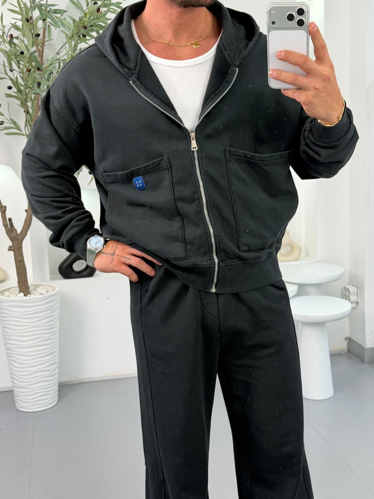 Siyah KN Yıkamalı Boxy Fit Kapişonlu Hırka