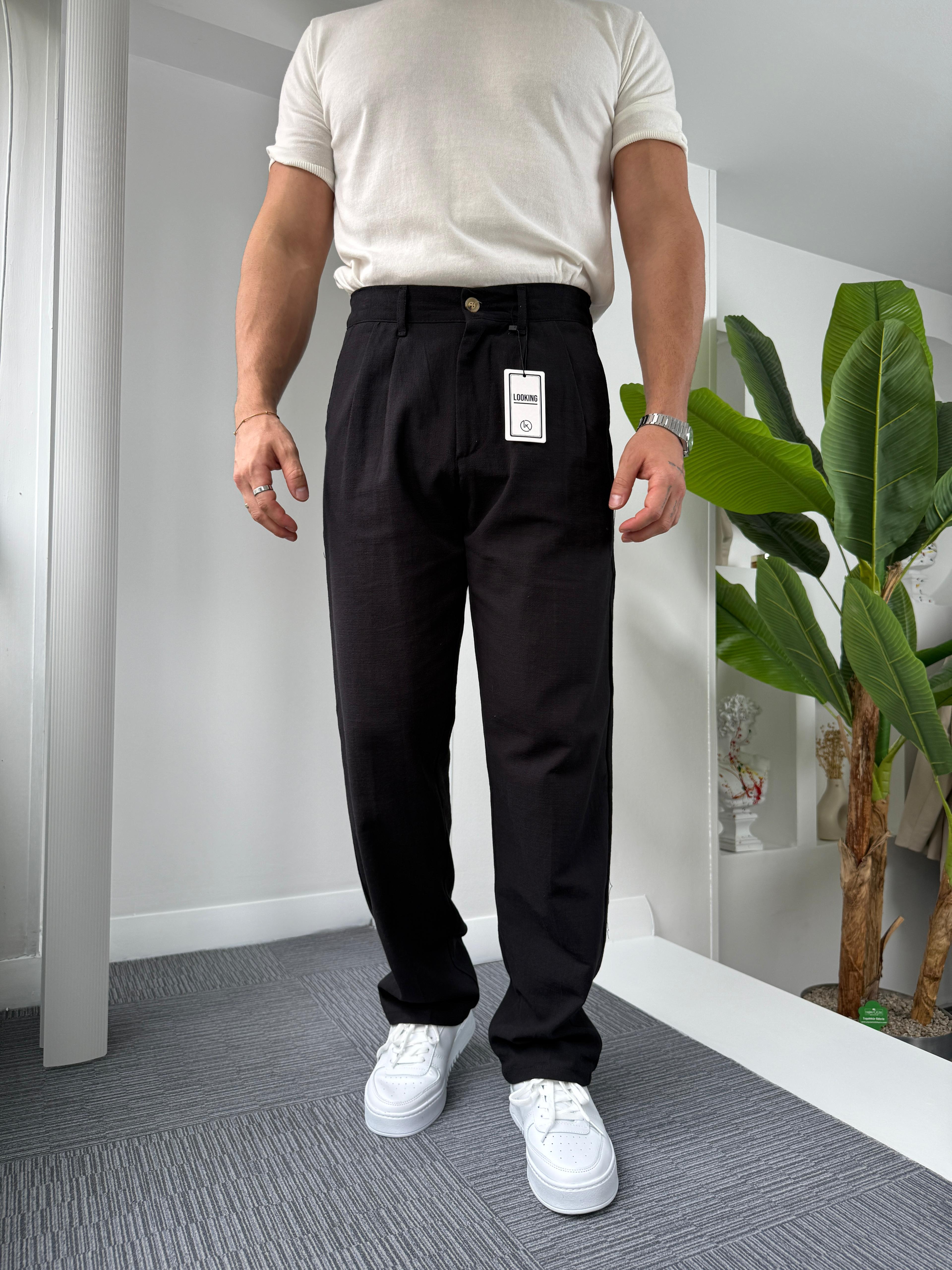 Siyah LK Pileli Baggy Keten Pantolon