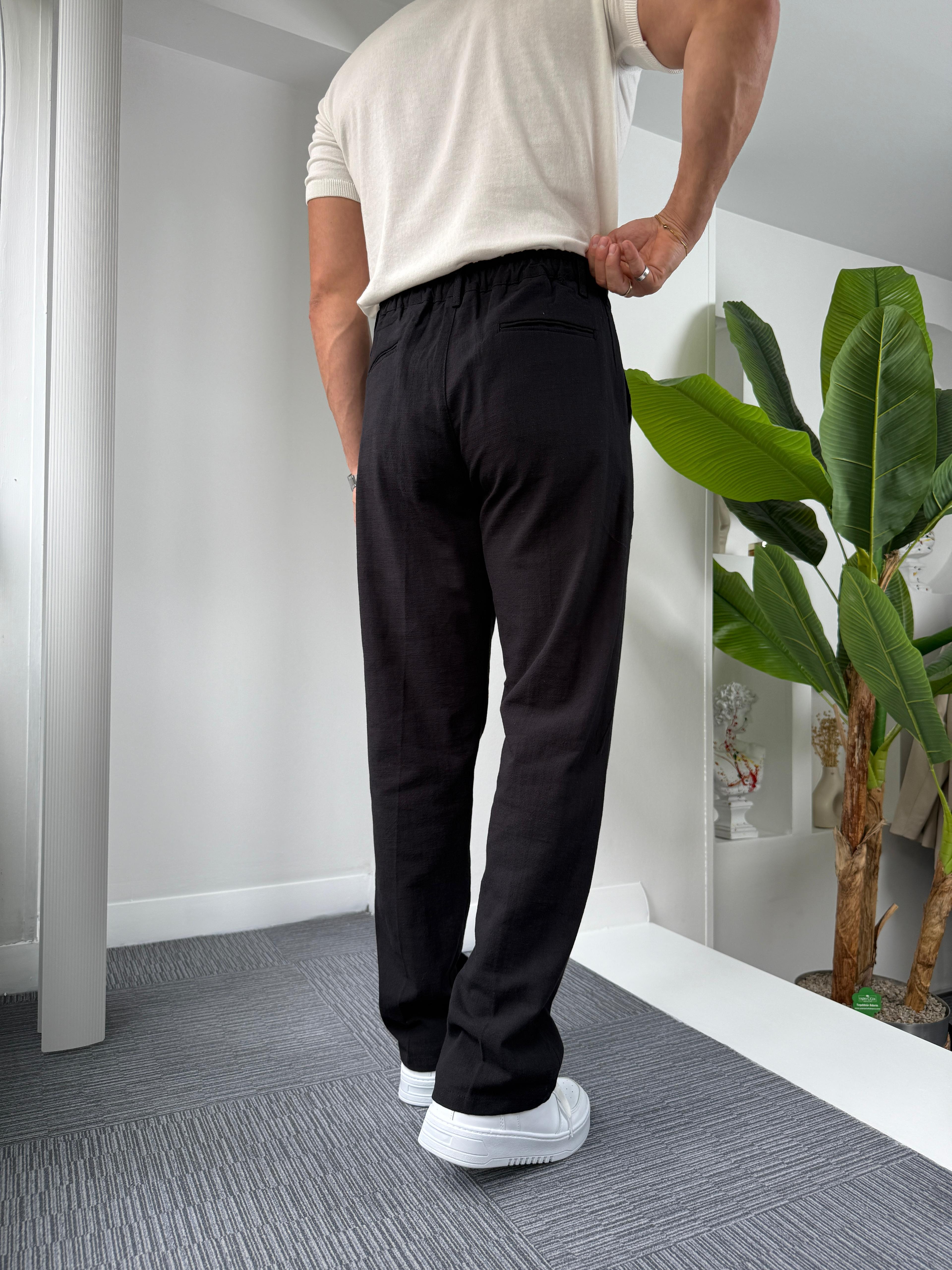 Siyah LK Pileli Baggy Keten Pantolon