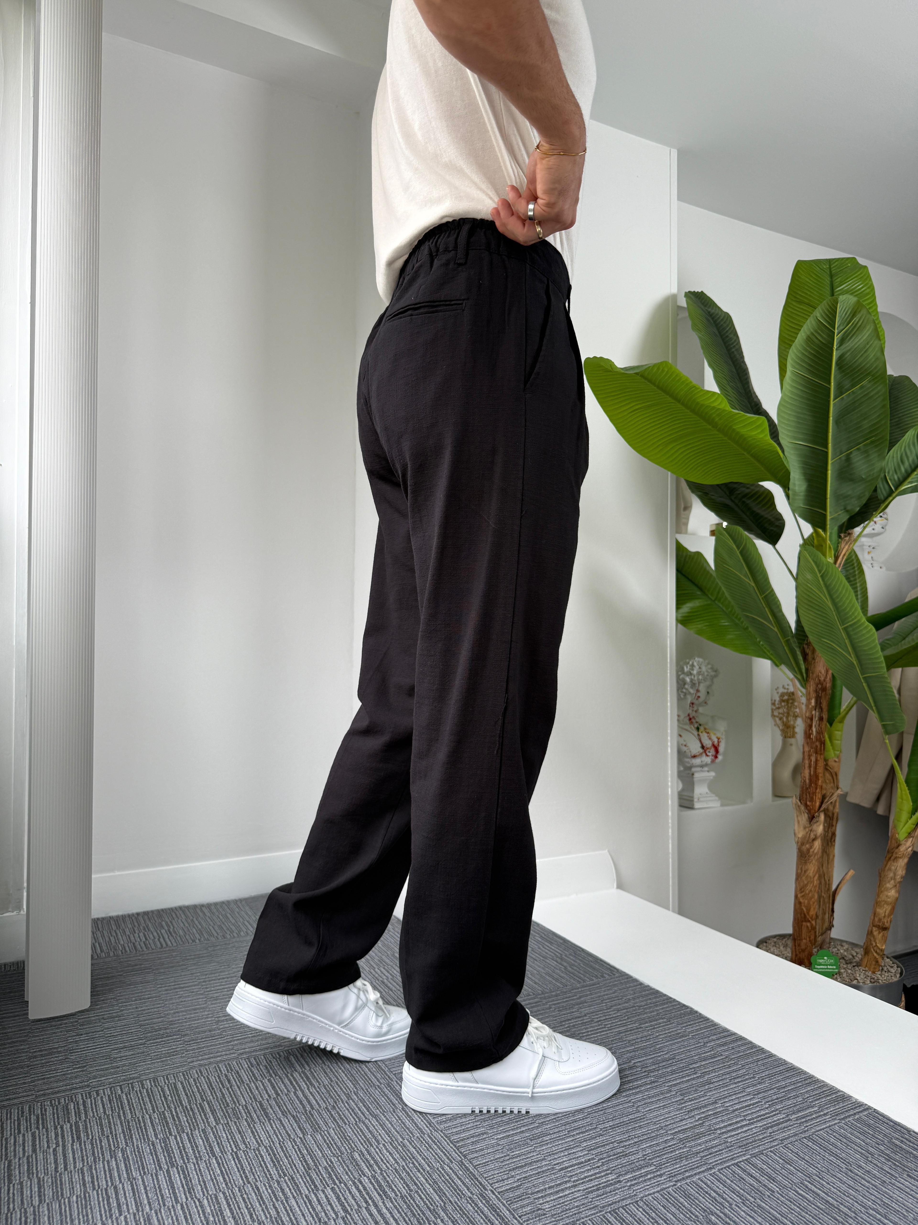 Siyah LK Pileli Baggy Keten Pantolon