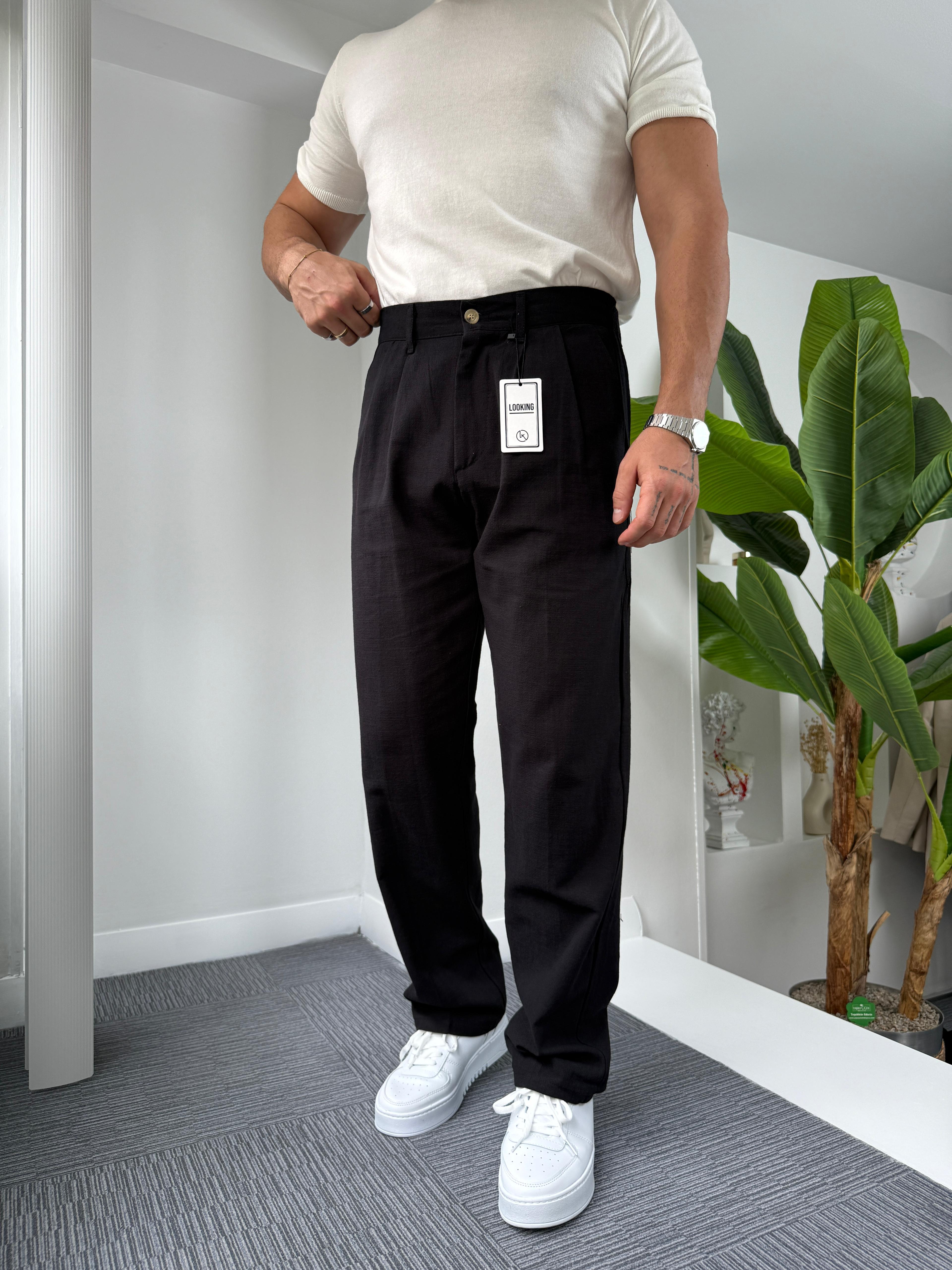 Siyah LK Pileli Baggy Keten Pantolon