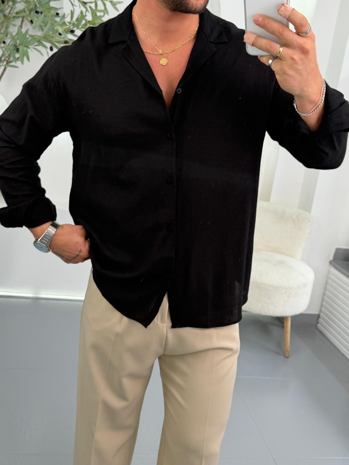 Siyah Mr Açık Yaka Regular Fit Gömlek