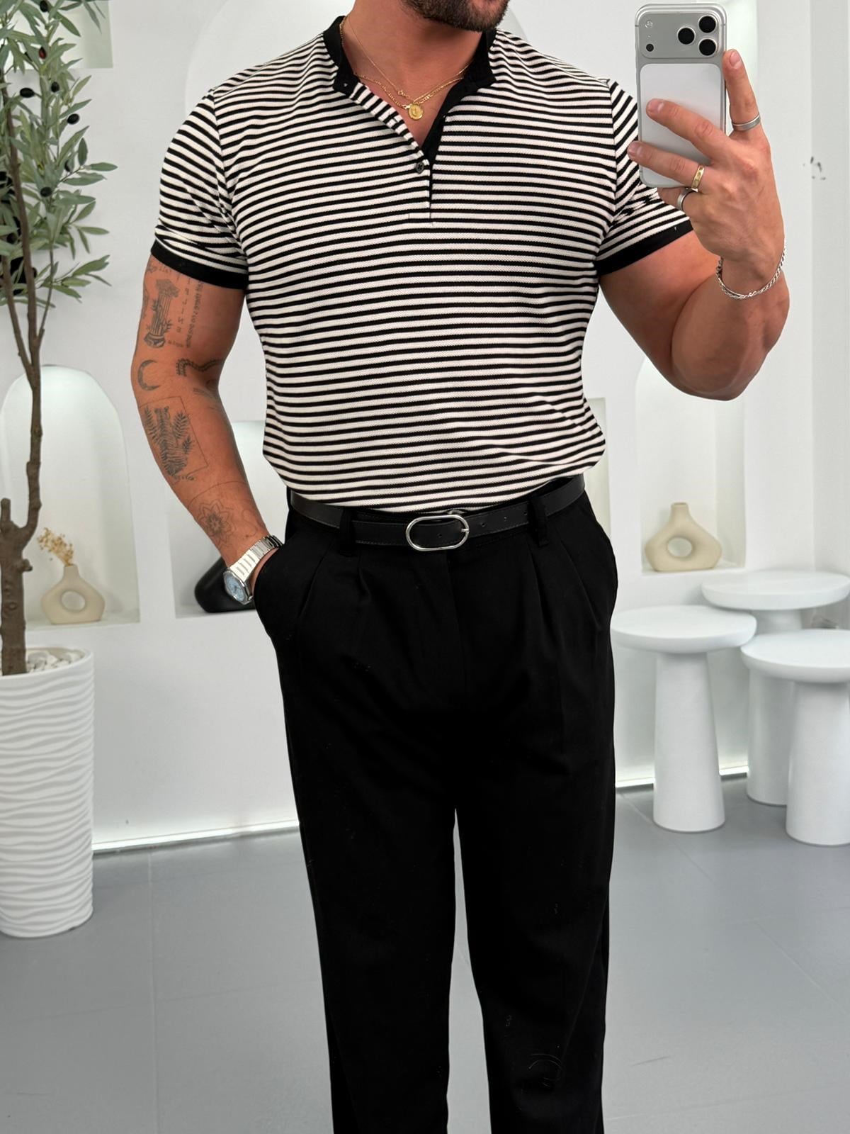 Siyah Mr Yatay Çizgili Henley Yaka Tshirt