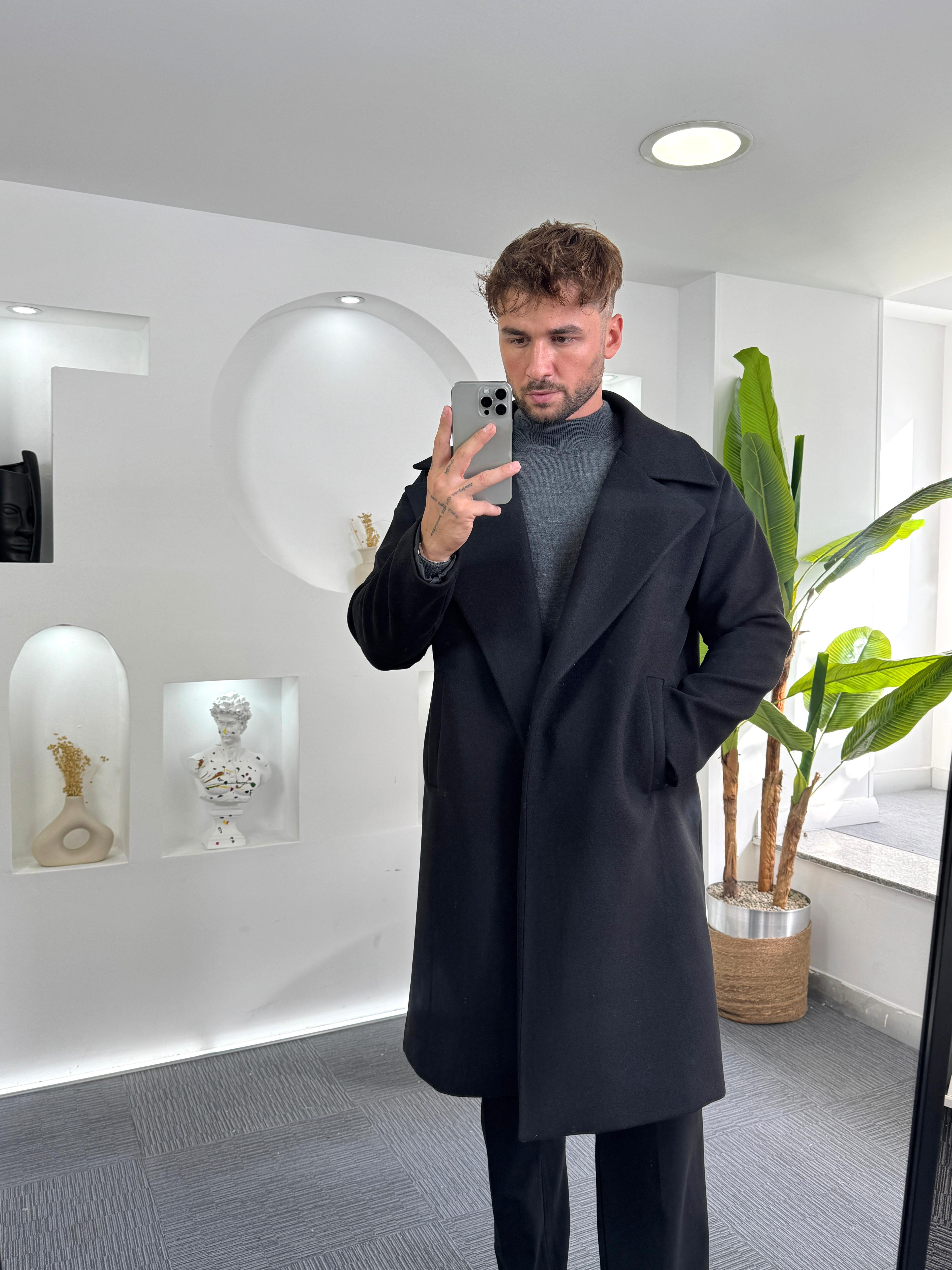 Siyah Oversize Eks Kaşe Kaban