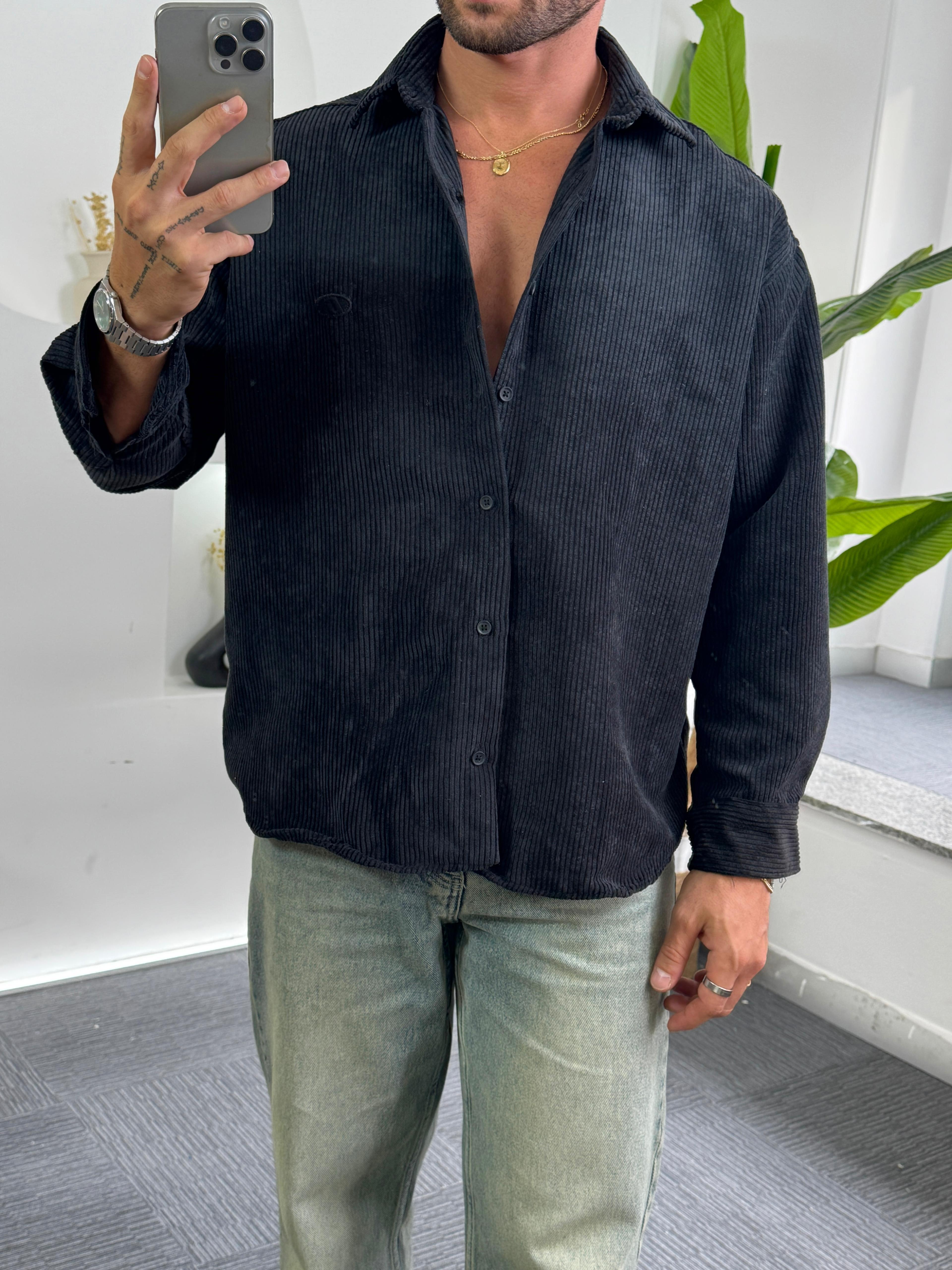Siyah Oversize GG Kadife Gömlek