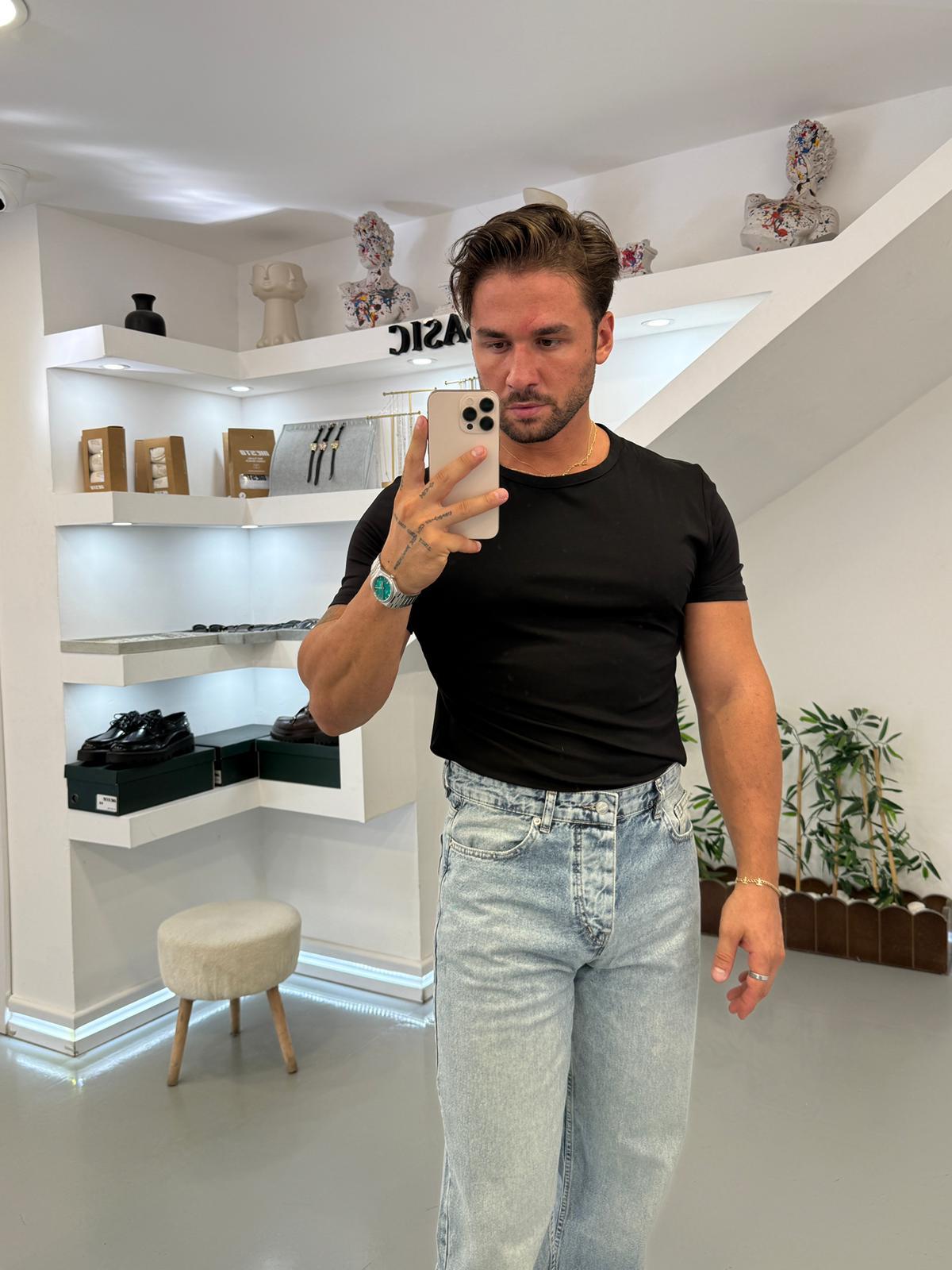 Siyah Oysh Kumaş Slim Fit T-Shirt