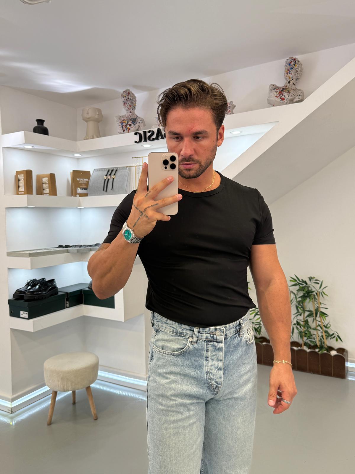 Siyah Oysh Kumaş Slim Fit T-Shirt