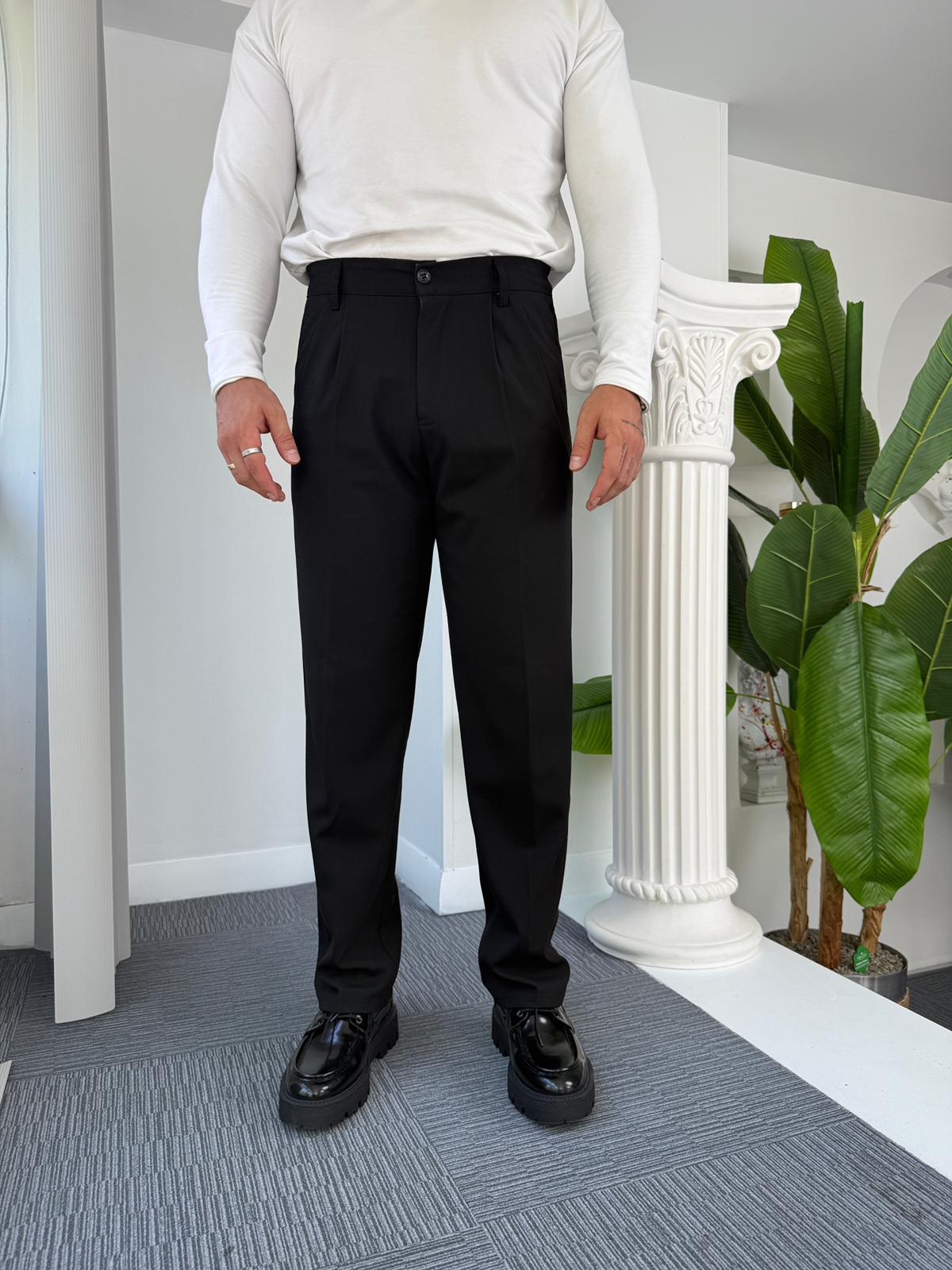 Siyah Pileli Baggy Kumaş Pantolon 