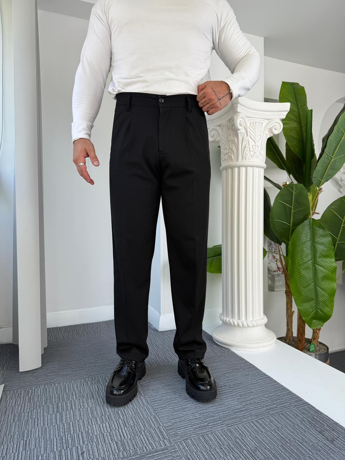 Siyah Pileli Baggy Kumaş Pantolon 