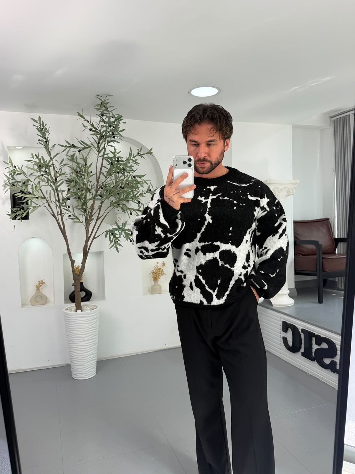 Siyah RL Dalmaçya Desen Boxy Fit Triko