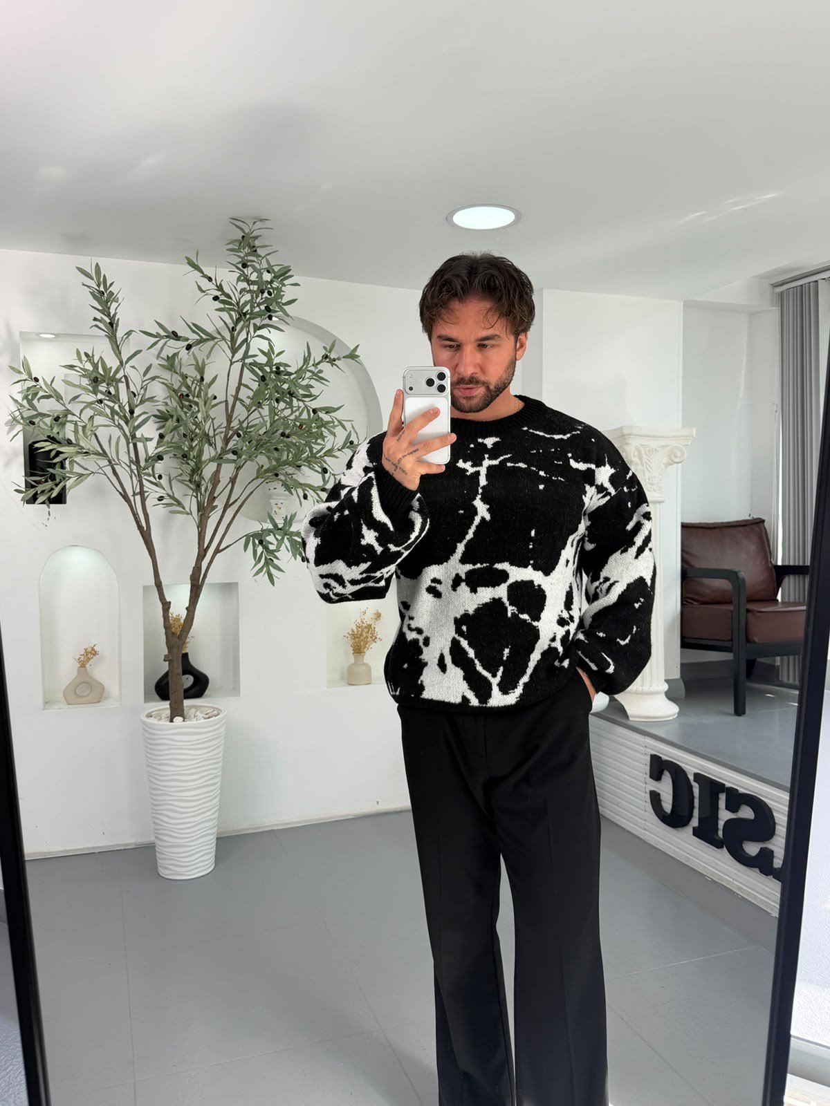 Siyah RL Dalmaçya Desen Boxy Fit Triko