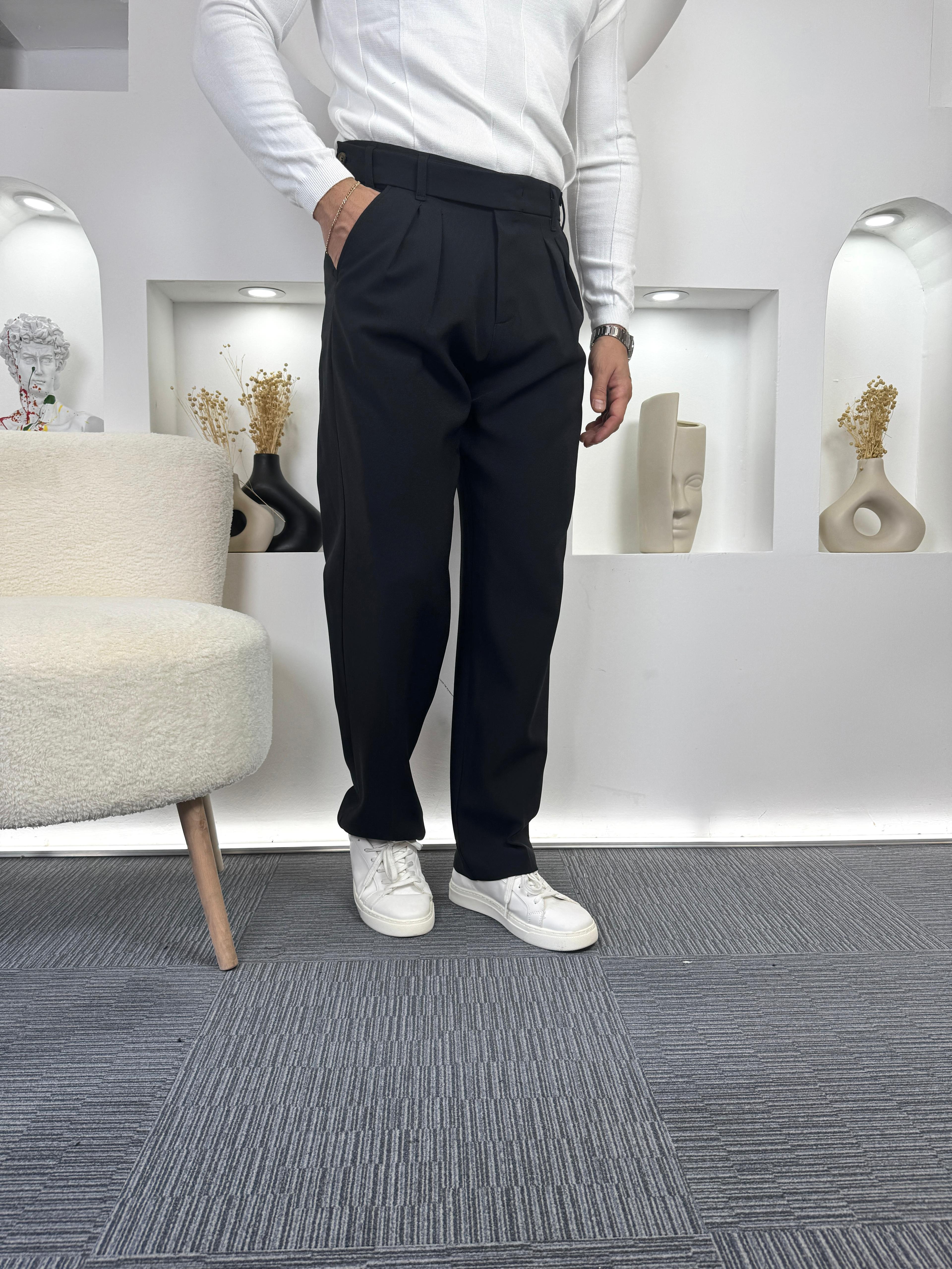 Siyah Uzun Kemerli Pileli Baggy Kumaş Pantolon