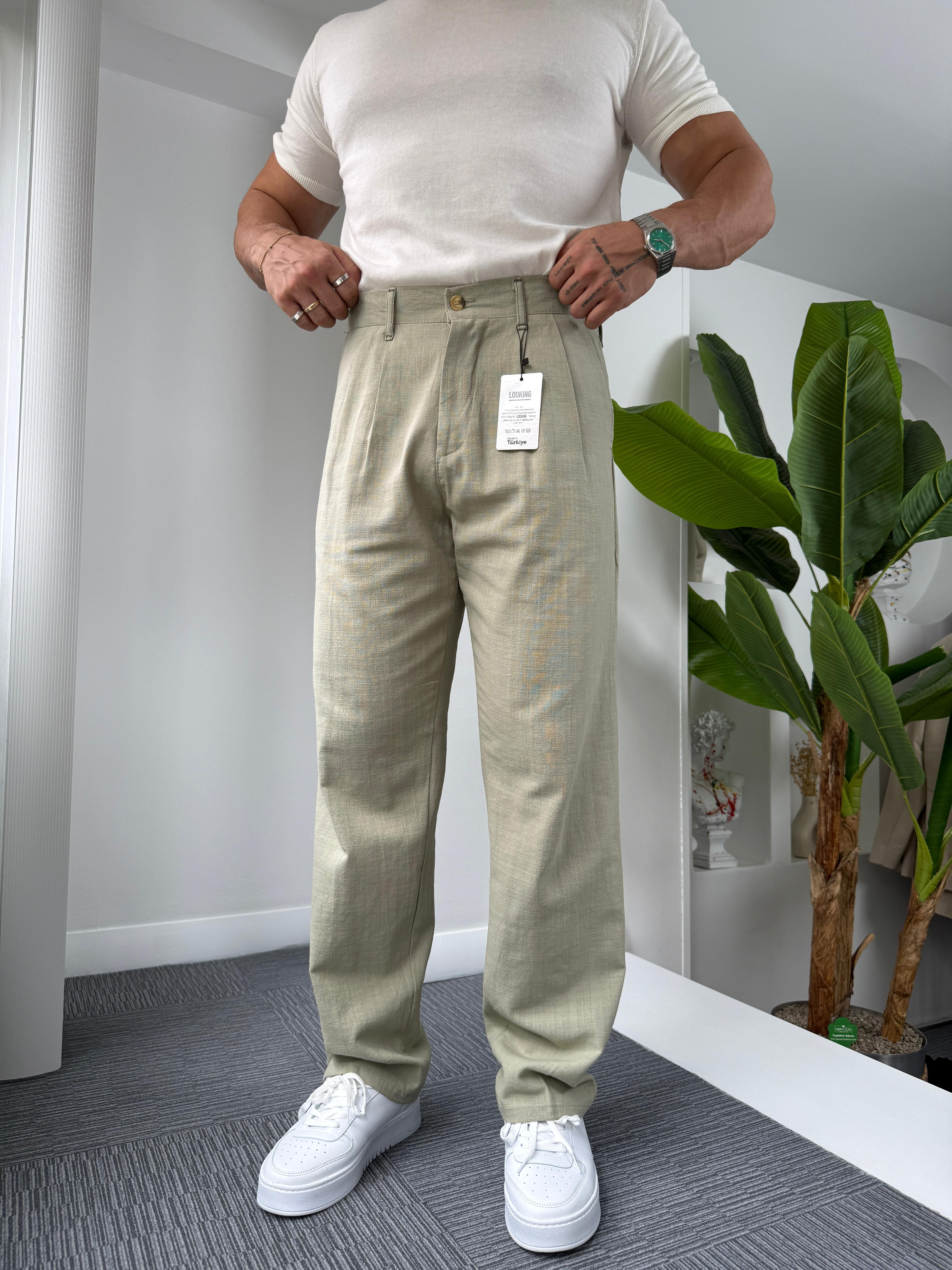 Su Yeşili LK Pileli Baggy Keten Pantolon