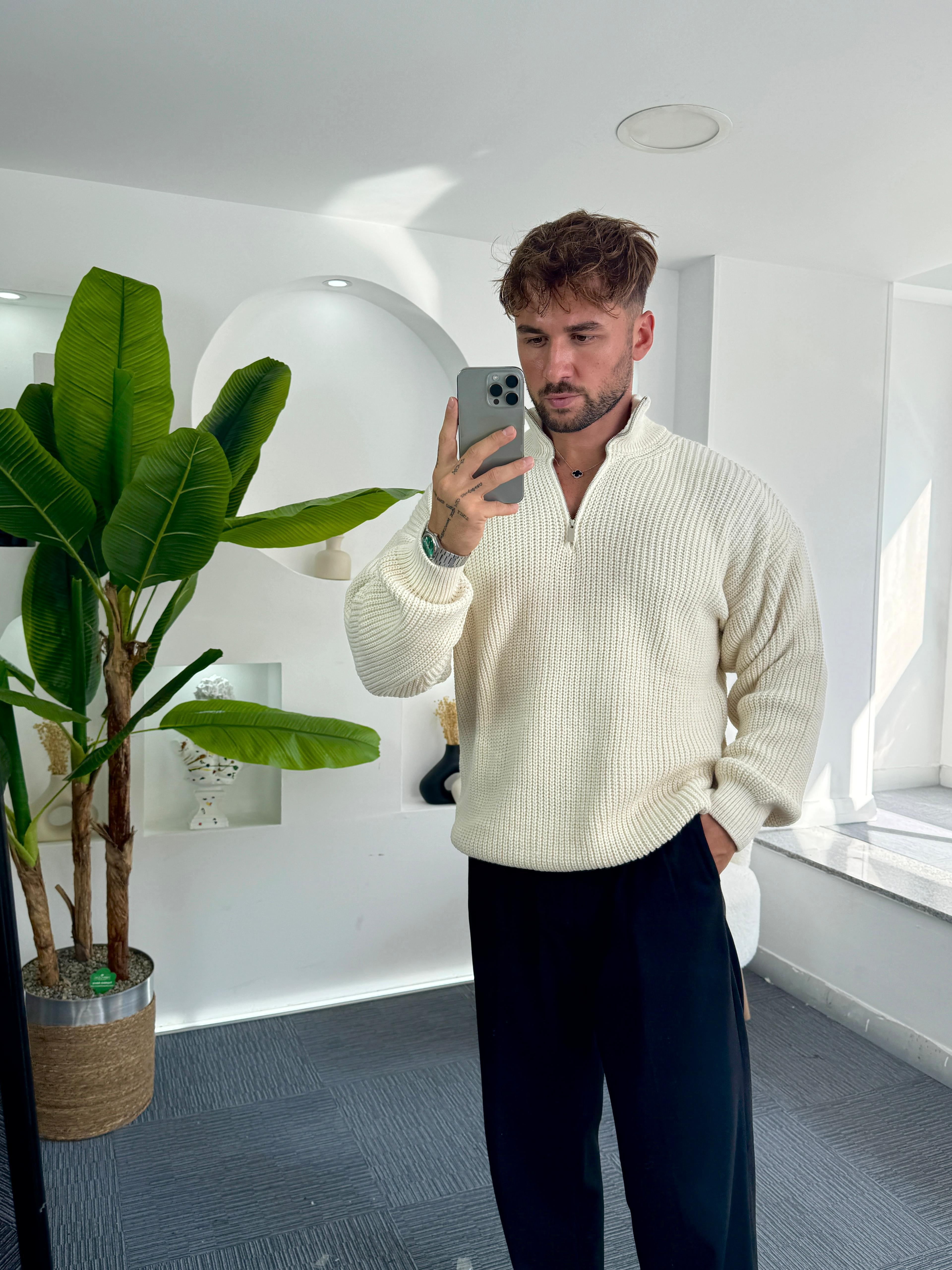 Vanilya Fermuarlı Oversize Örgü Kazak