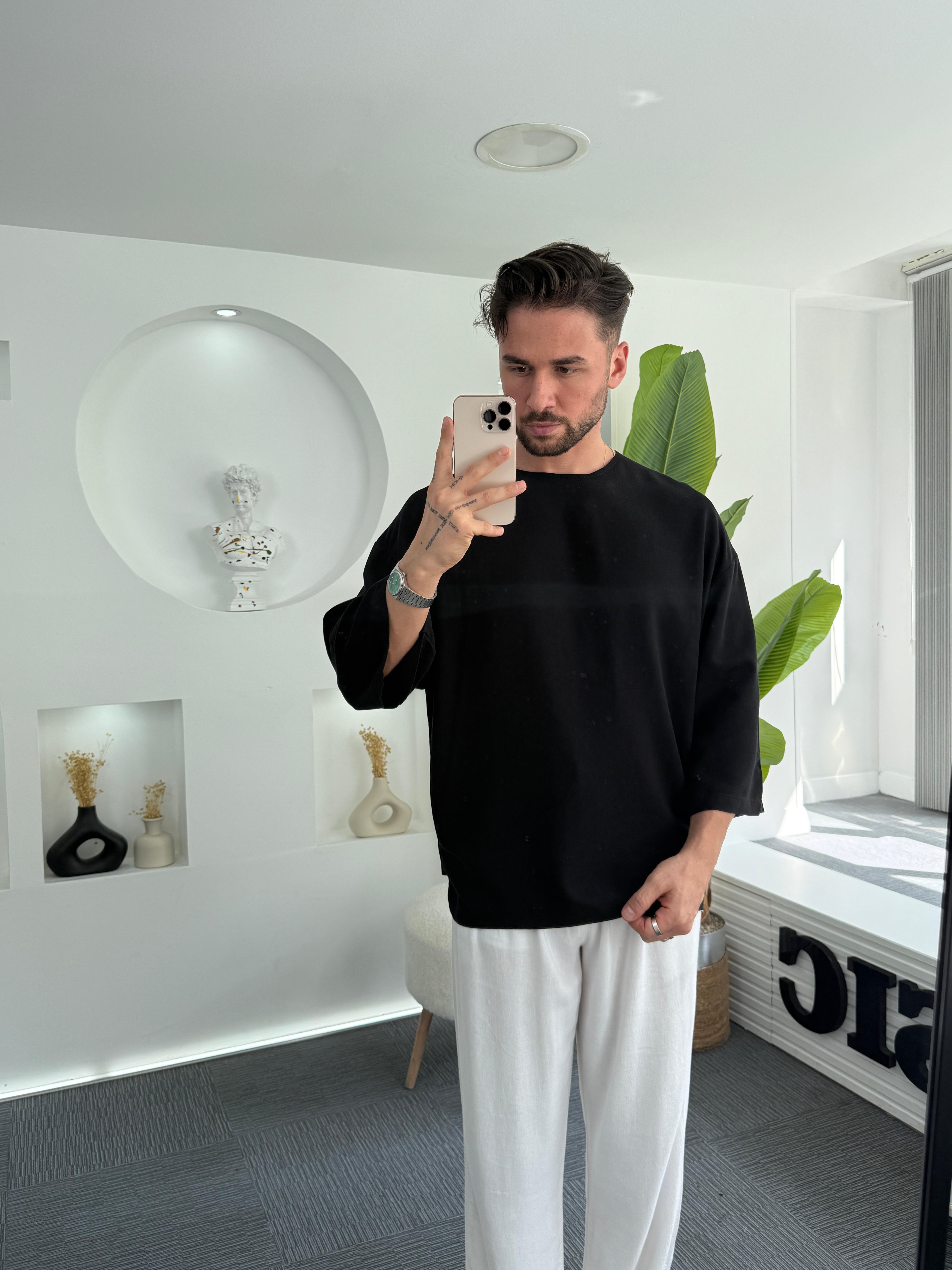 Viscon Keten GG Fakir Kol T-Shirt Siyah