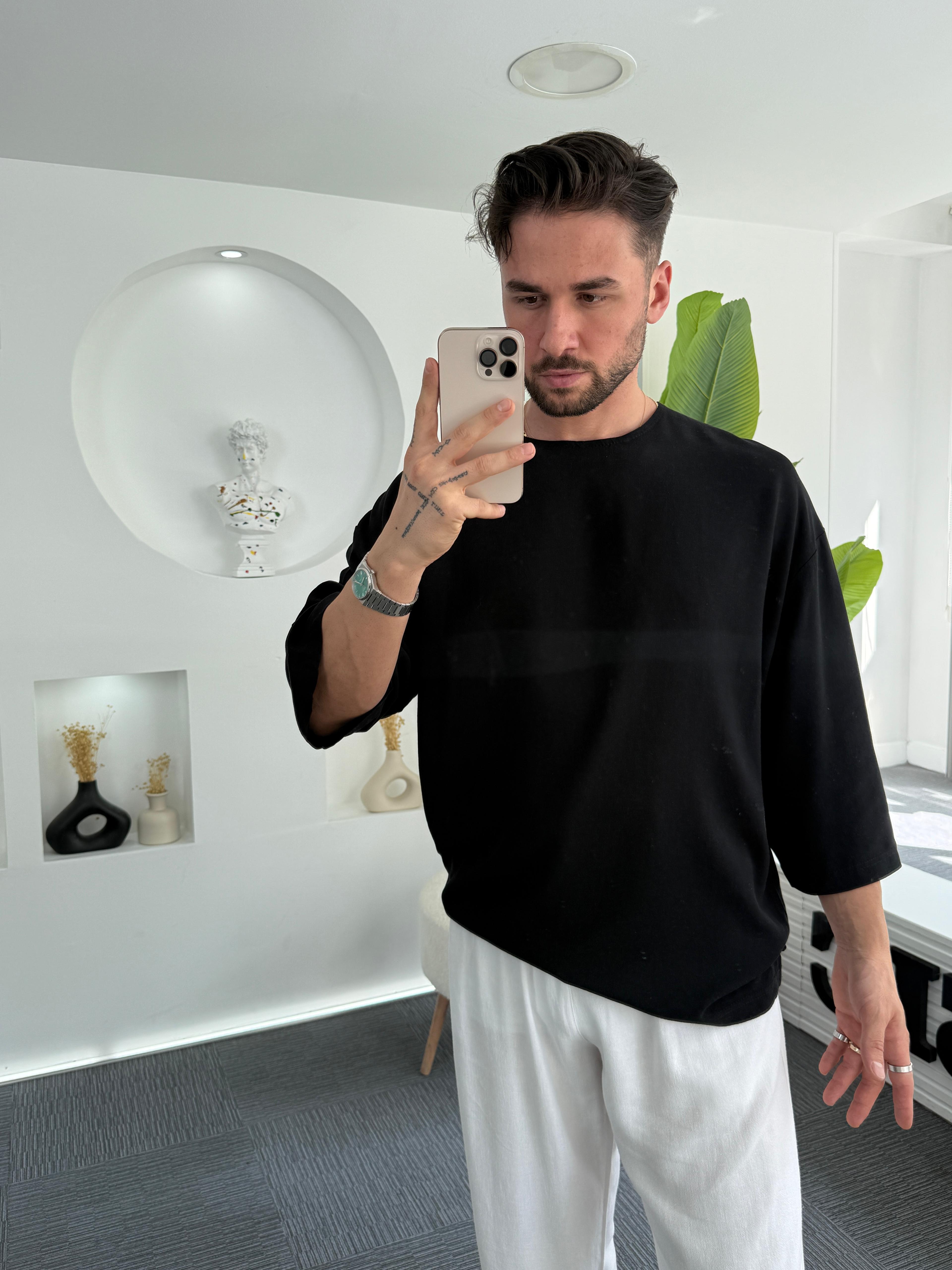 Viscon Keten GG Fakir Kol T-Shirt Siyah