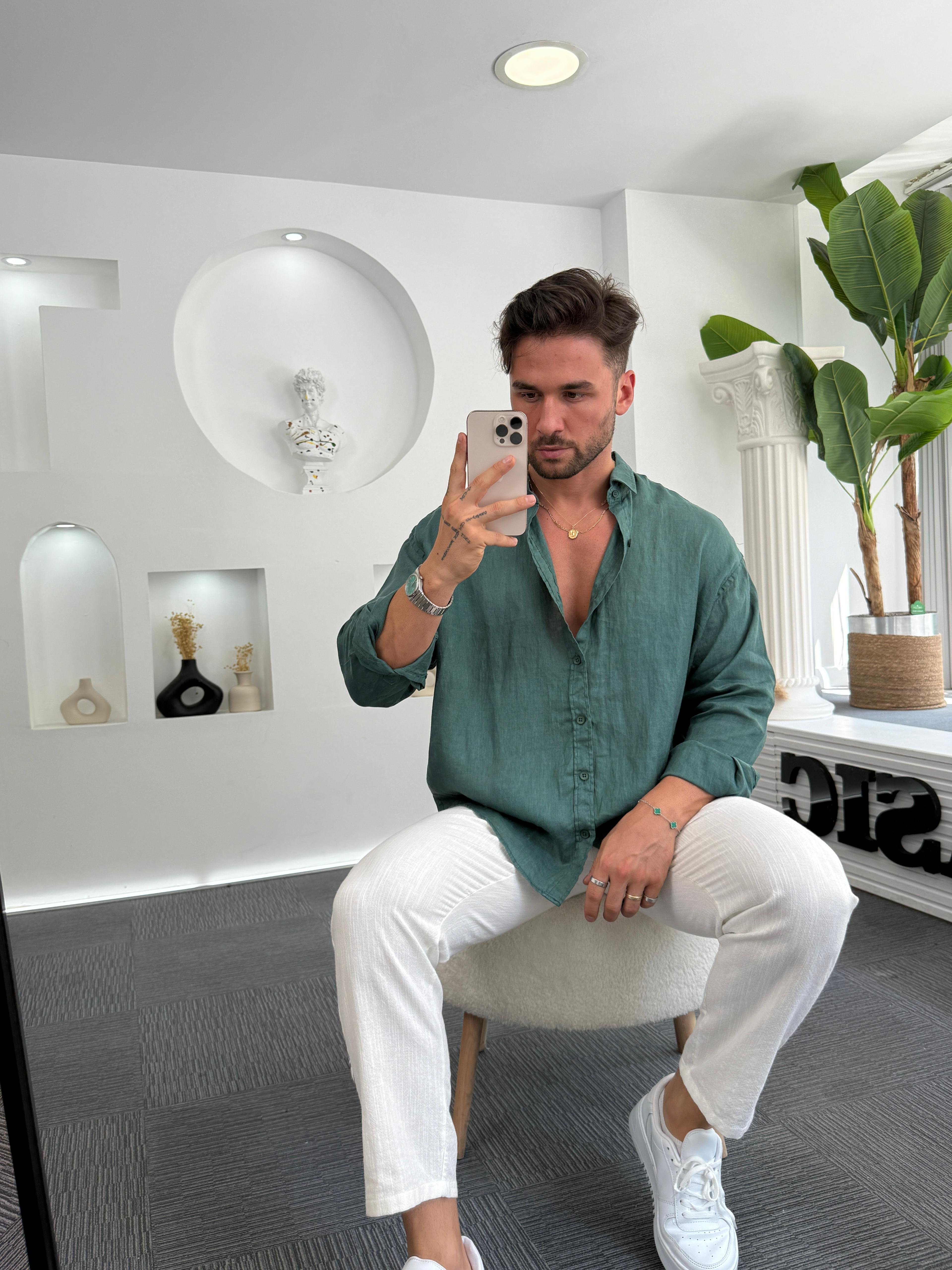Yeşil %100 Linen Oversize GG Gömlek