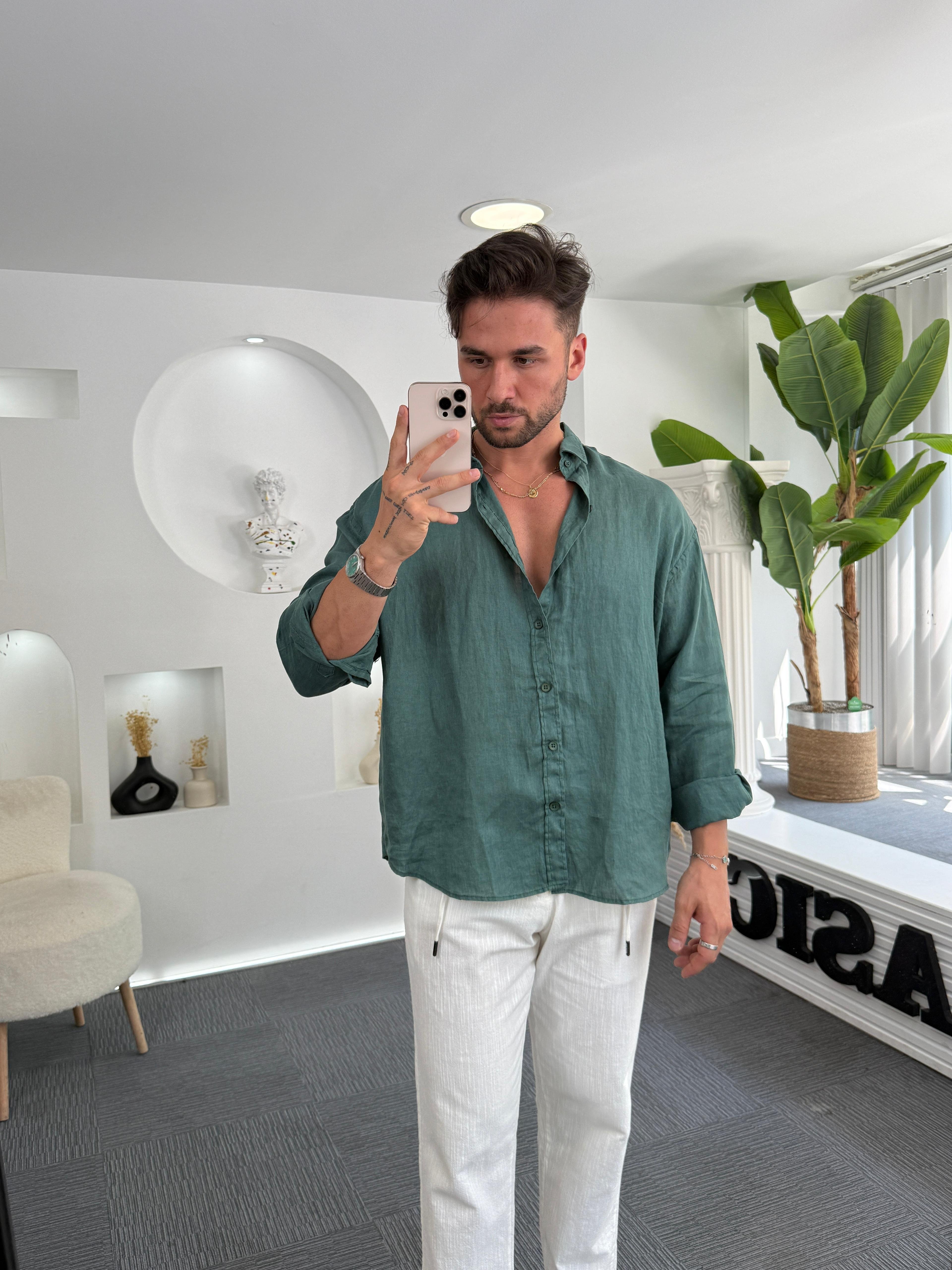 Yeşil %100 Linen Oversize GG Gömlek