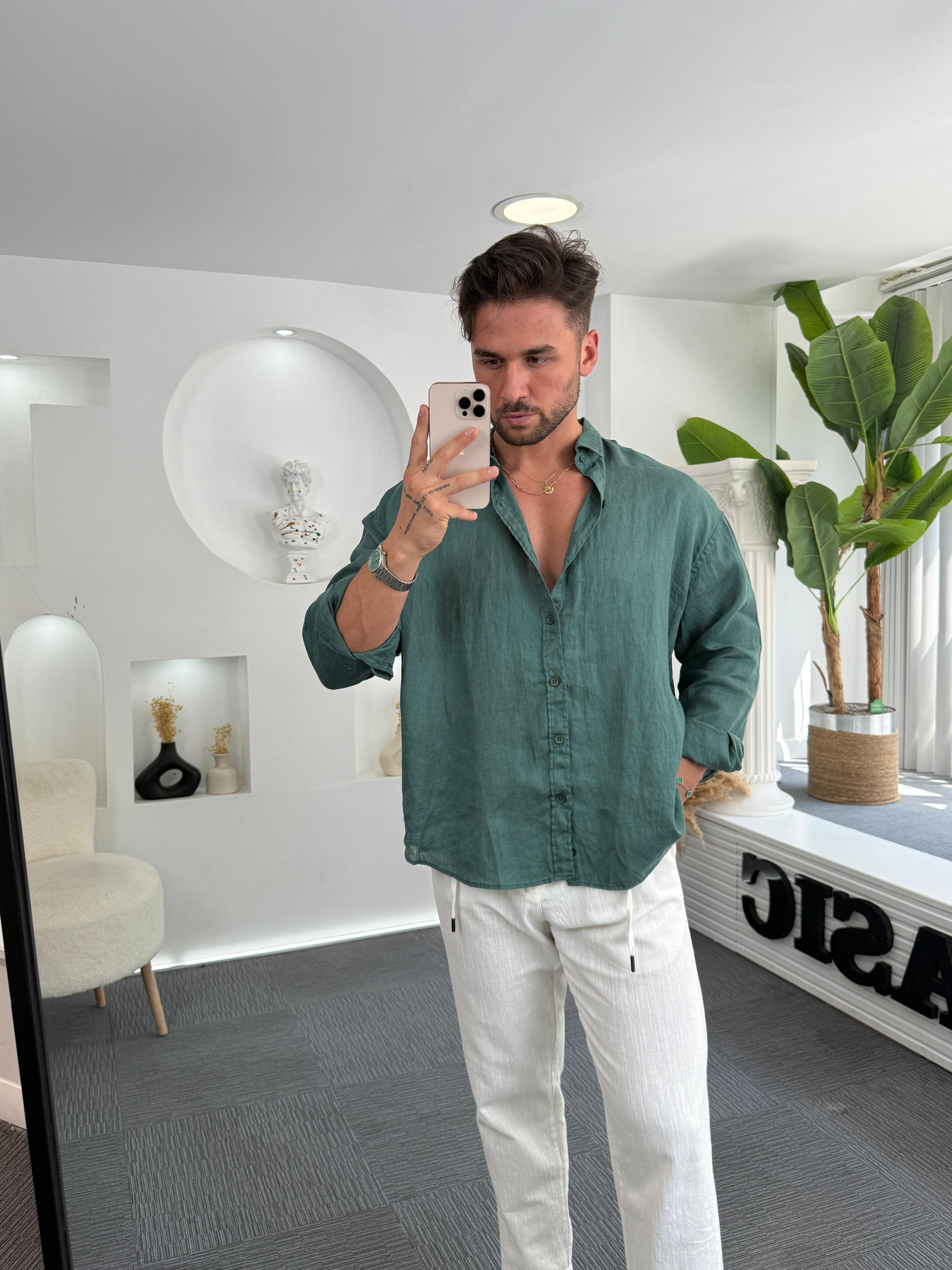 Yeşil %100 Linen Oversize GG Gömlek