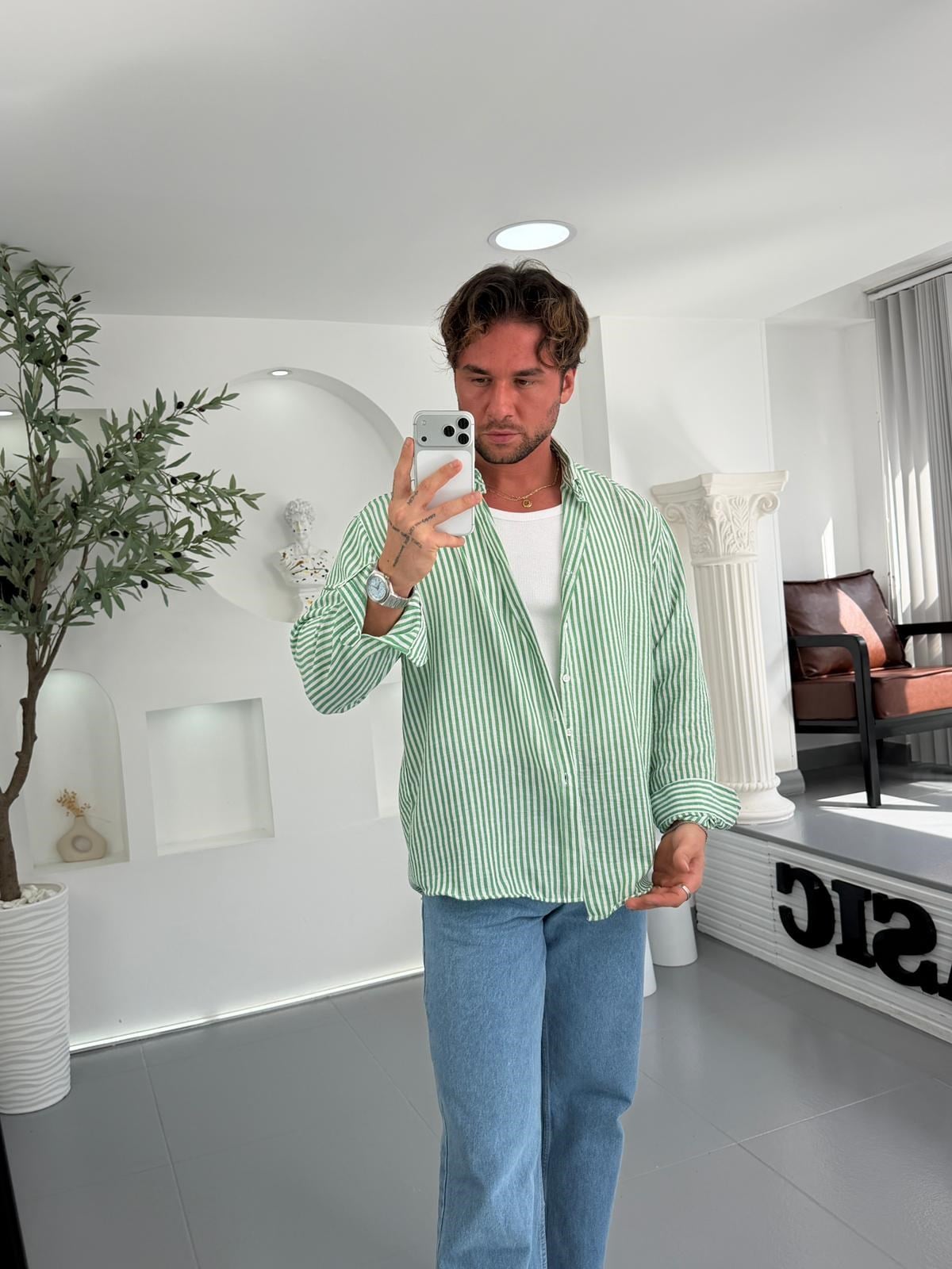 Yeşil Çizgili GG Stripe Oversize Gömlek