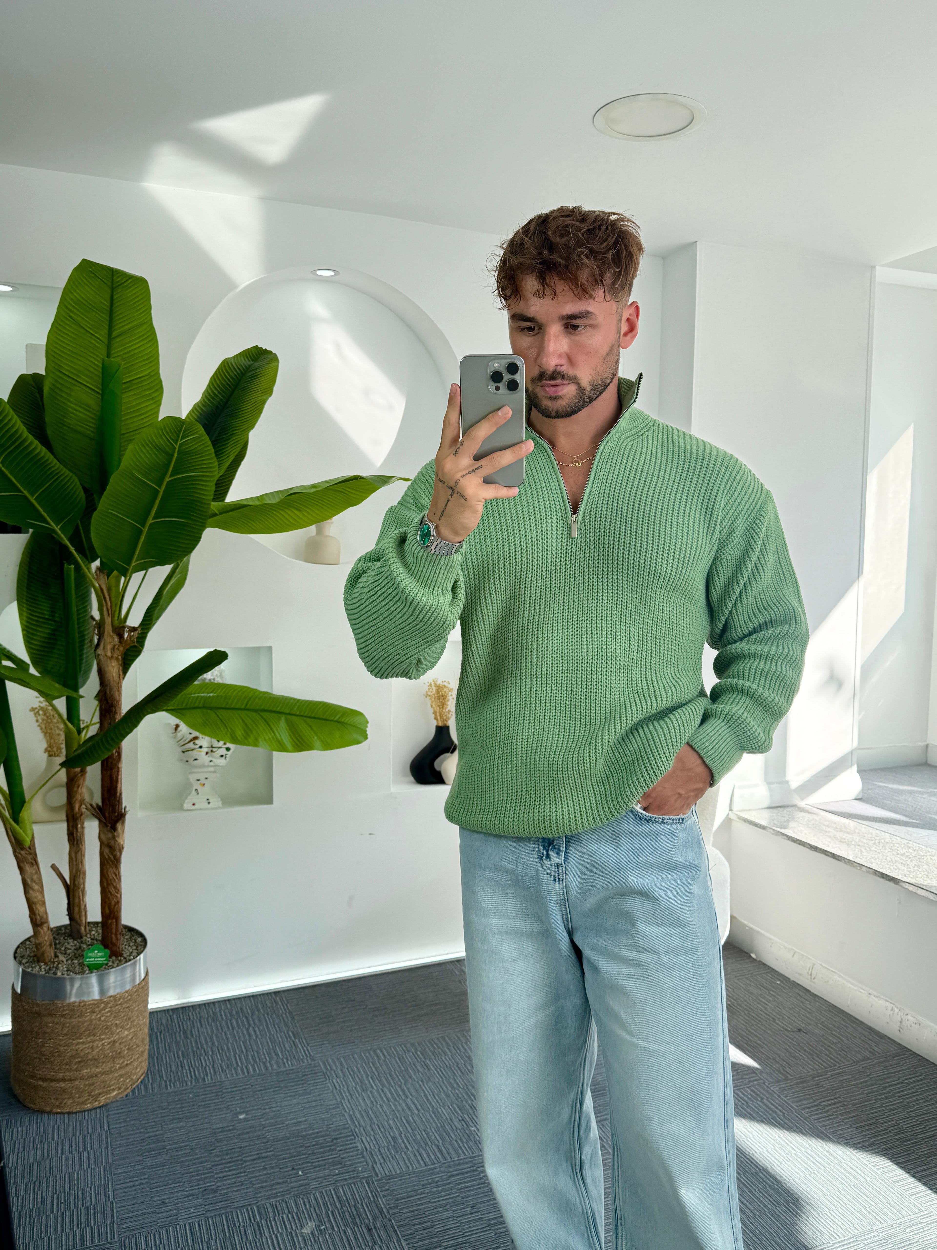Yeşil Fermuarlı Oversize Örgü Kazak