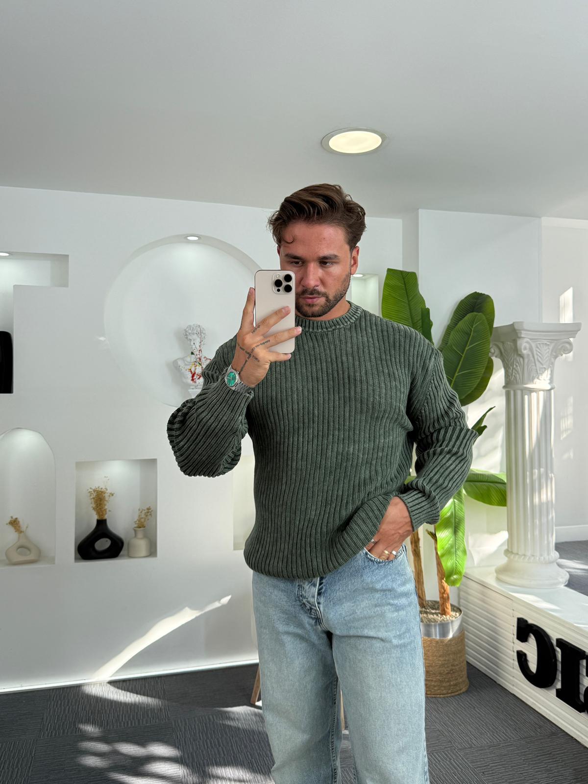Yeşil Mr Asit Yıkama Oversize Kazak