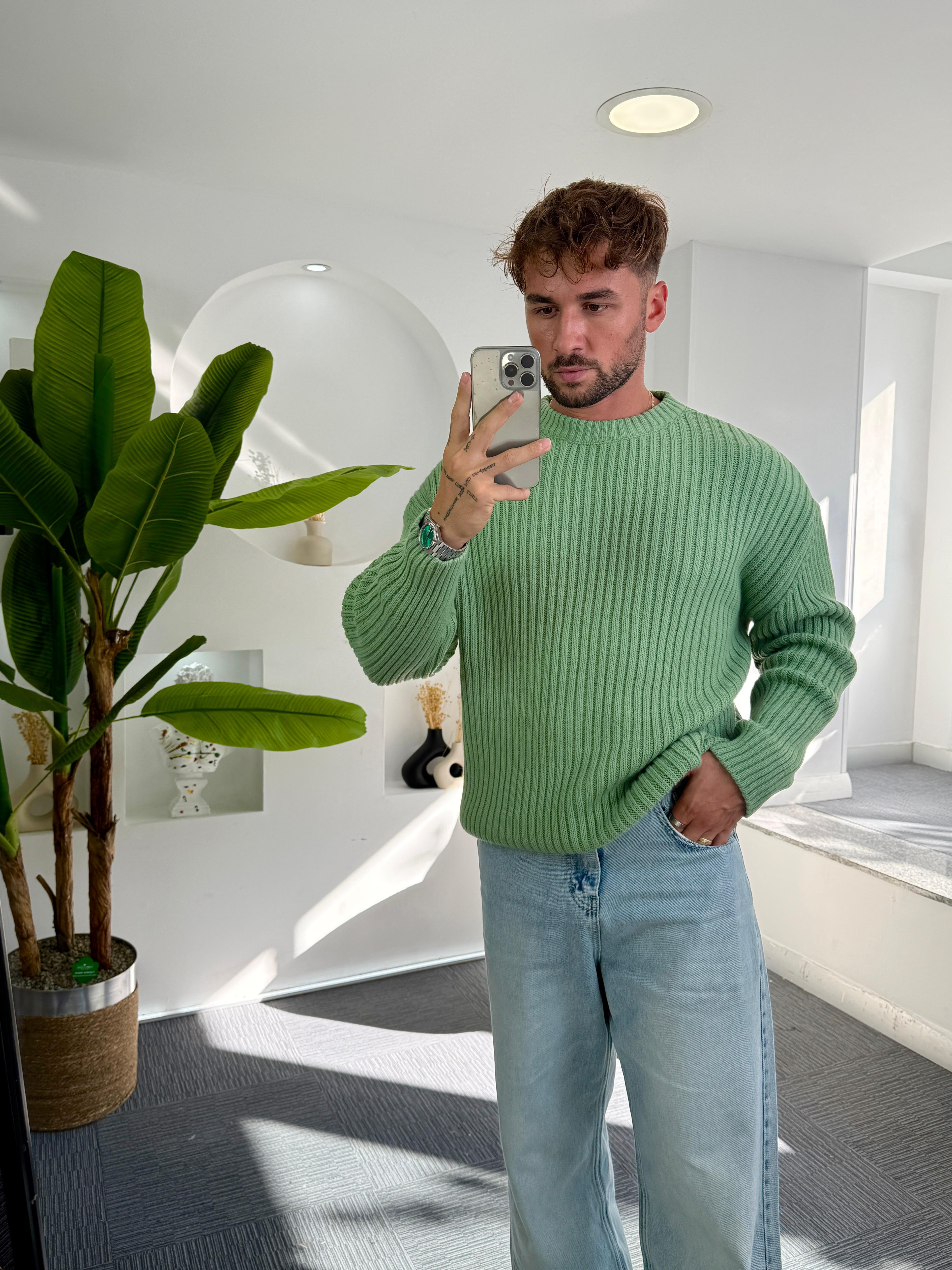 Yeşil Oversize Bisiklet Yaka Örgü Kazak