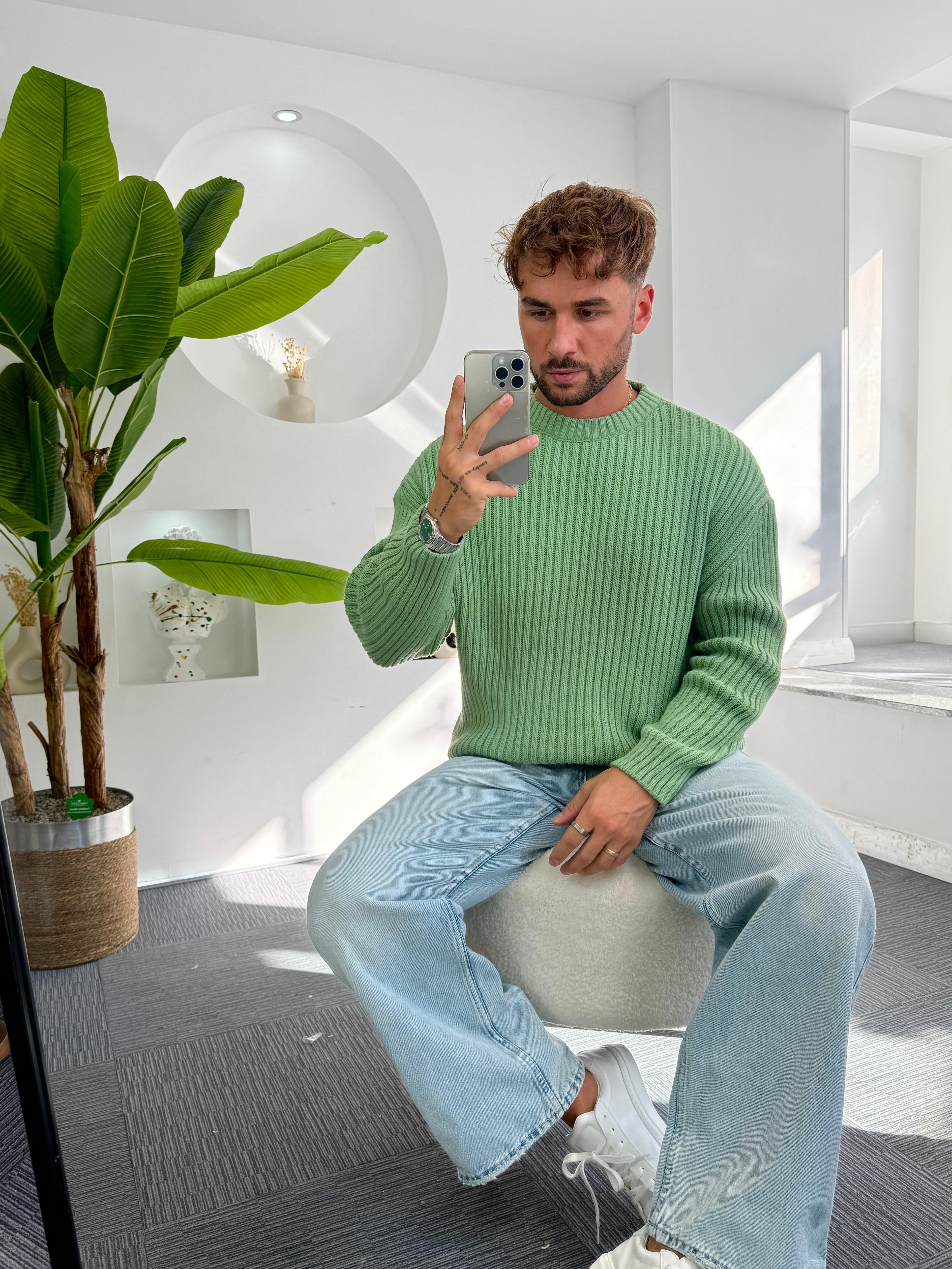Yeşil Oversize Bisiklet Yaka Örgü Kazak
