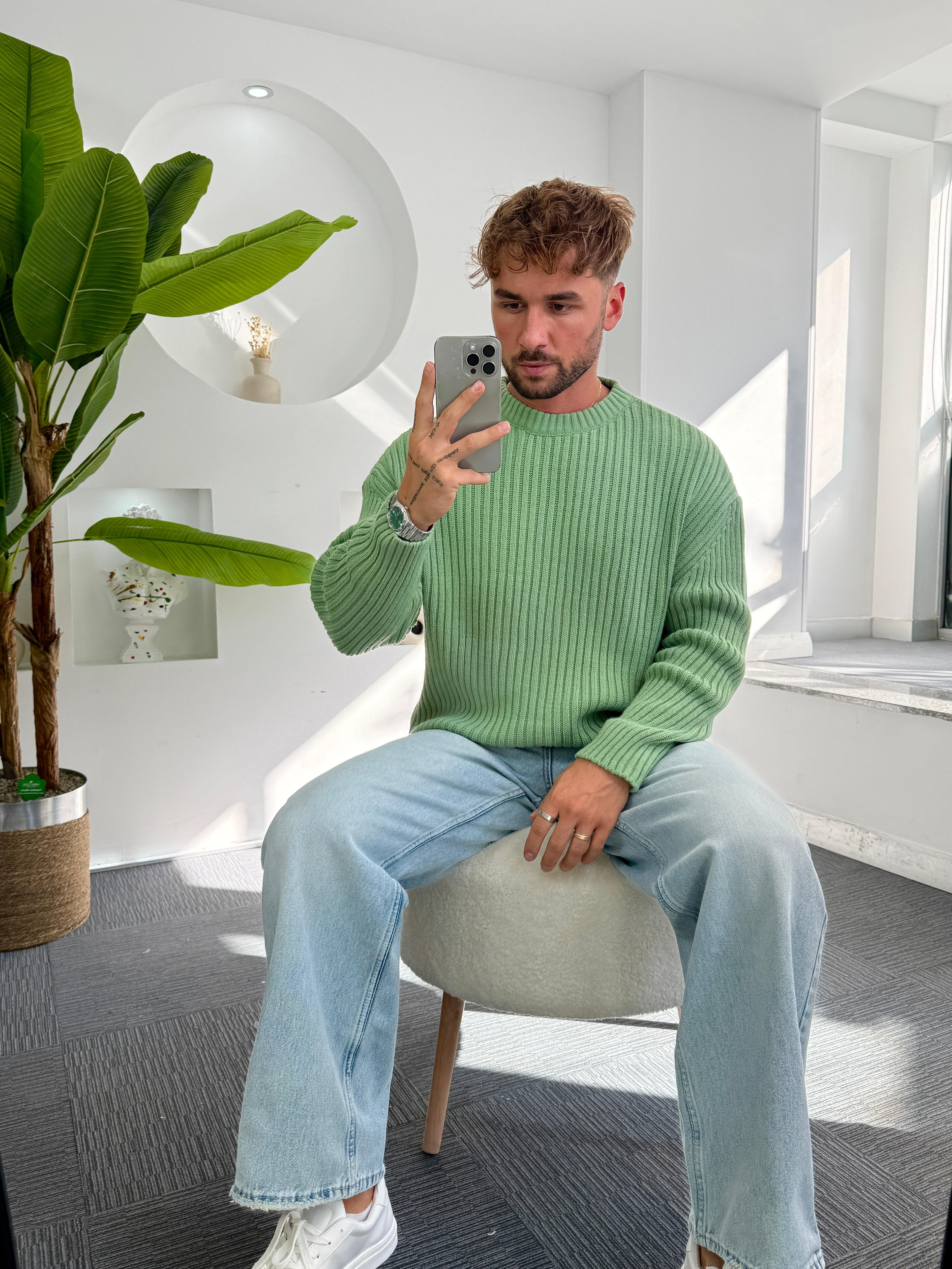 Yeşil Oversize Bisiklet Yaka Örgü Kazak