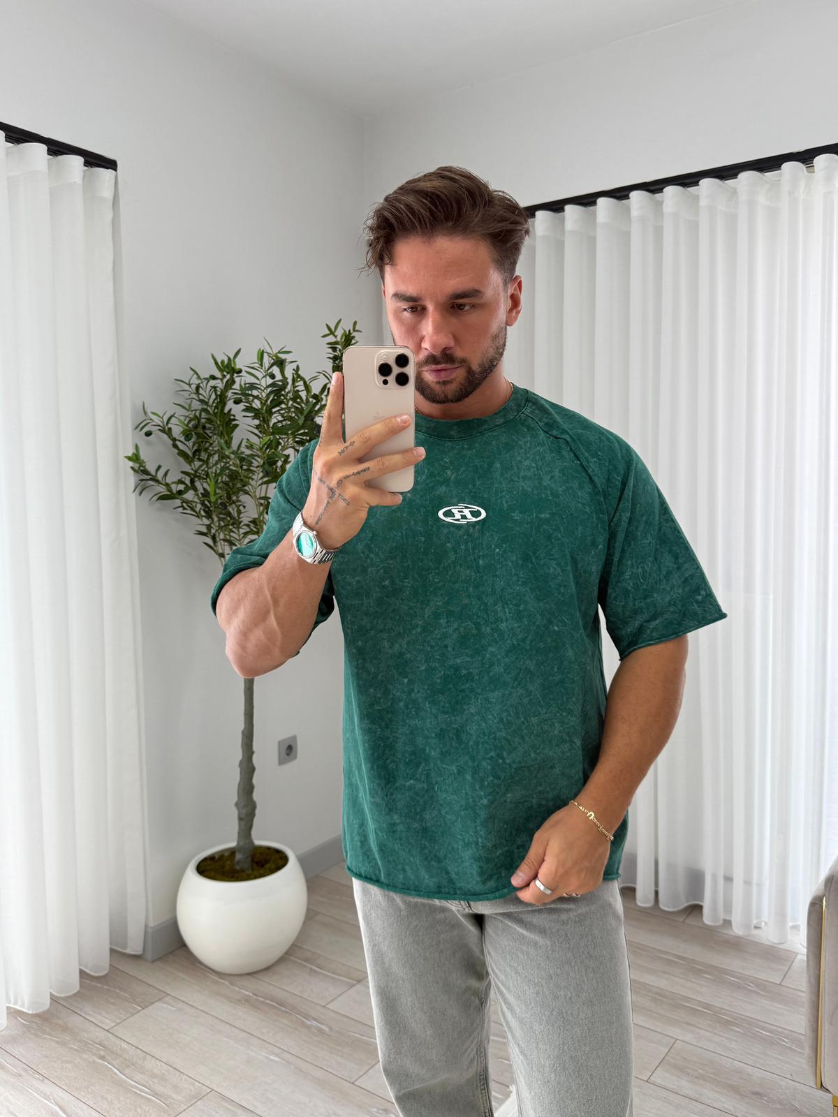 Yeşil R Nakışlı Yıkamalı Oversize Tshirt