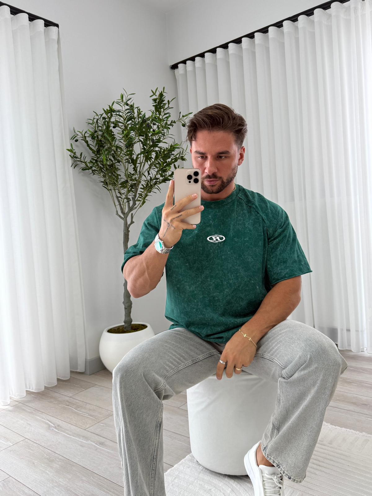 Yeşil R Nakışlı Yıkamalı Oversize Tshirt