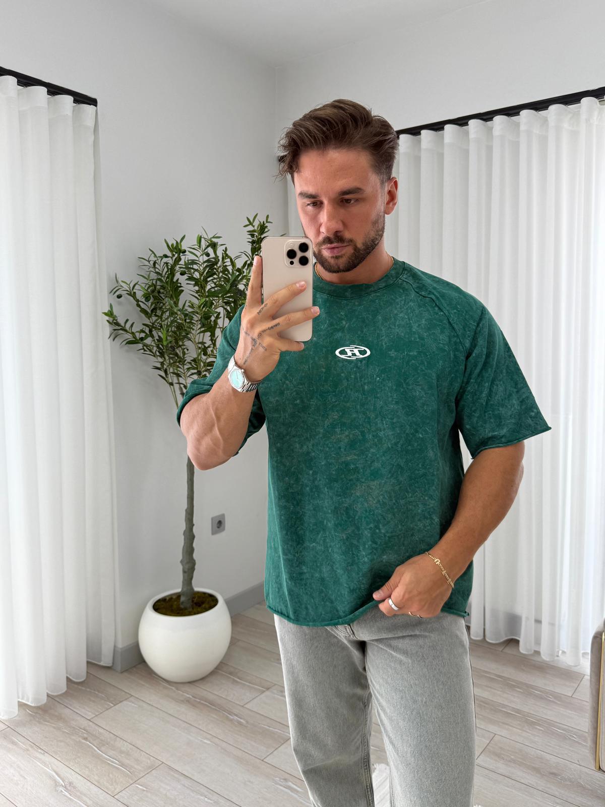 Yeşil R Nakışlı Yıkamalı Oversize Tshirt