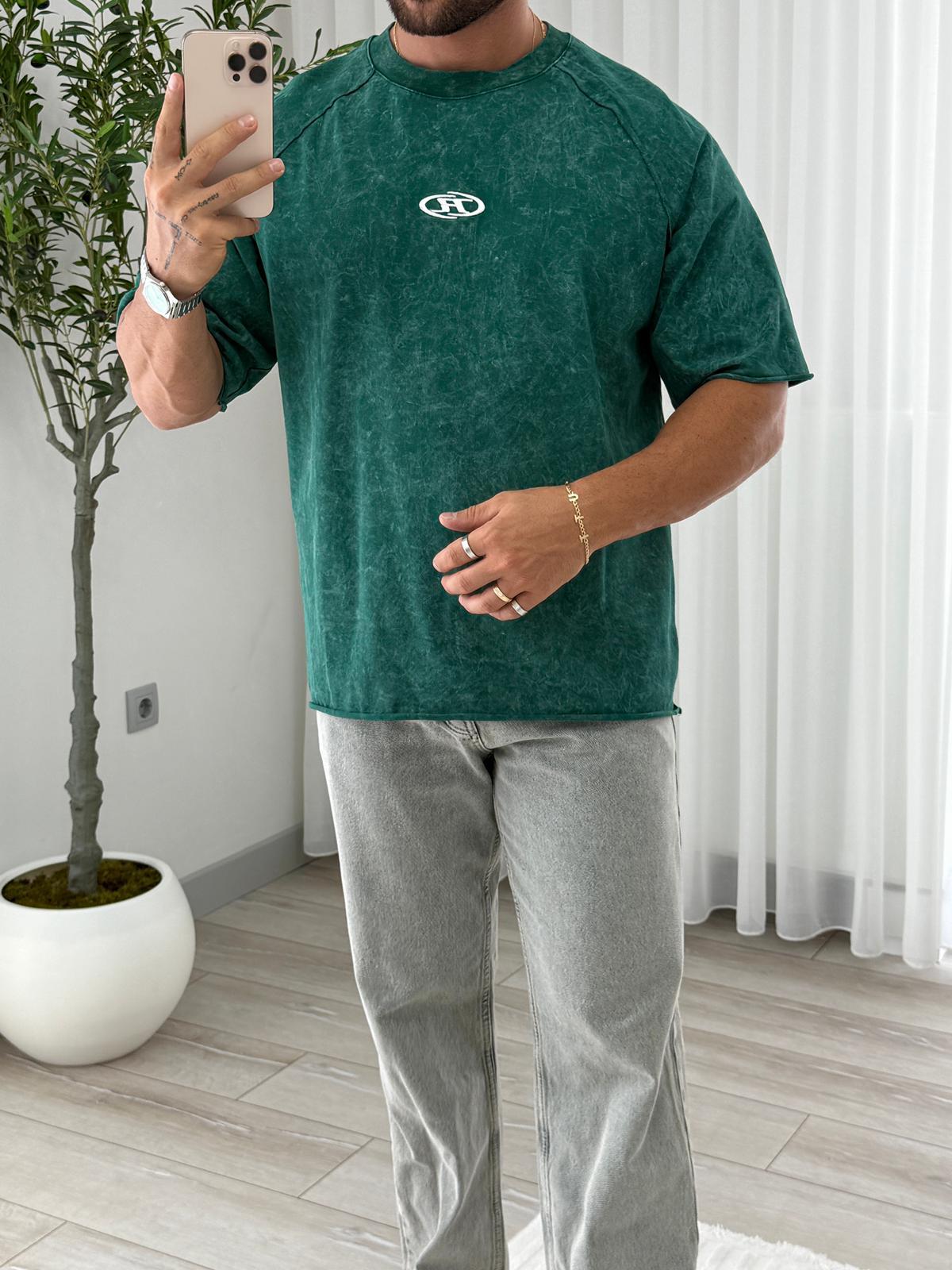 Yeşil R Nakışlı Yıkamalı Oversize Tshirt