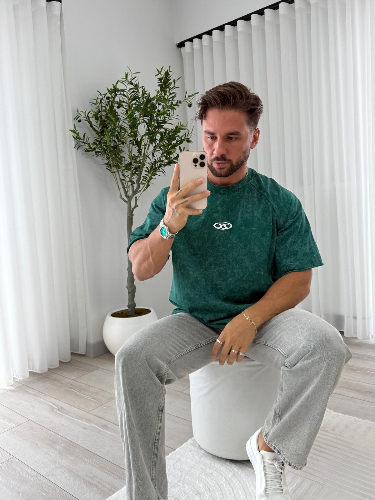 Yeşil R Nakışlı Yıkamalı Oversize Tshirt