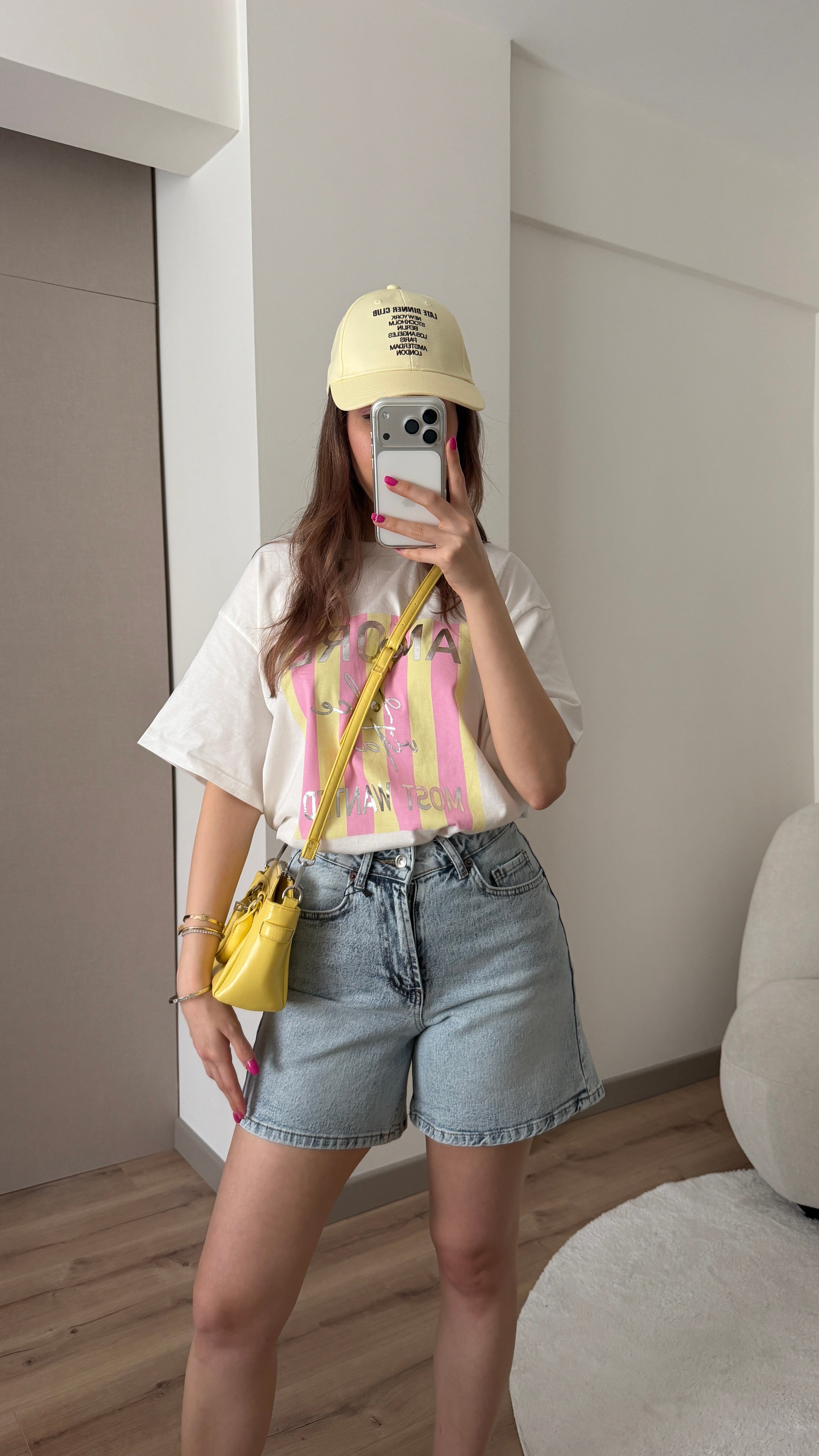 %100 PAMUK PEMBE SARI BASKILI TSHİRT