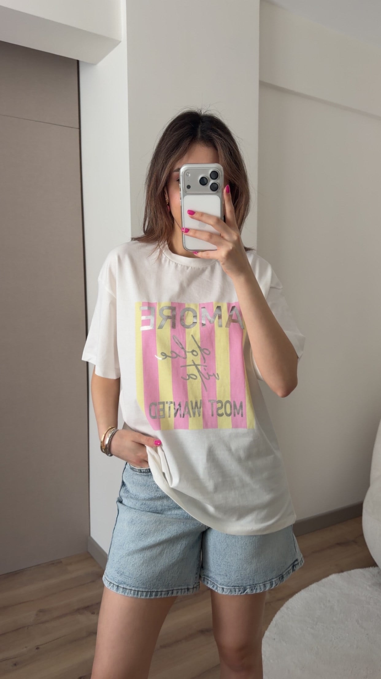 %100 PAMUK PEMBE SARI BASKILI TSHİRT