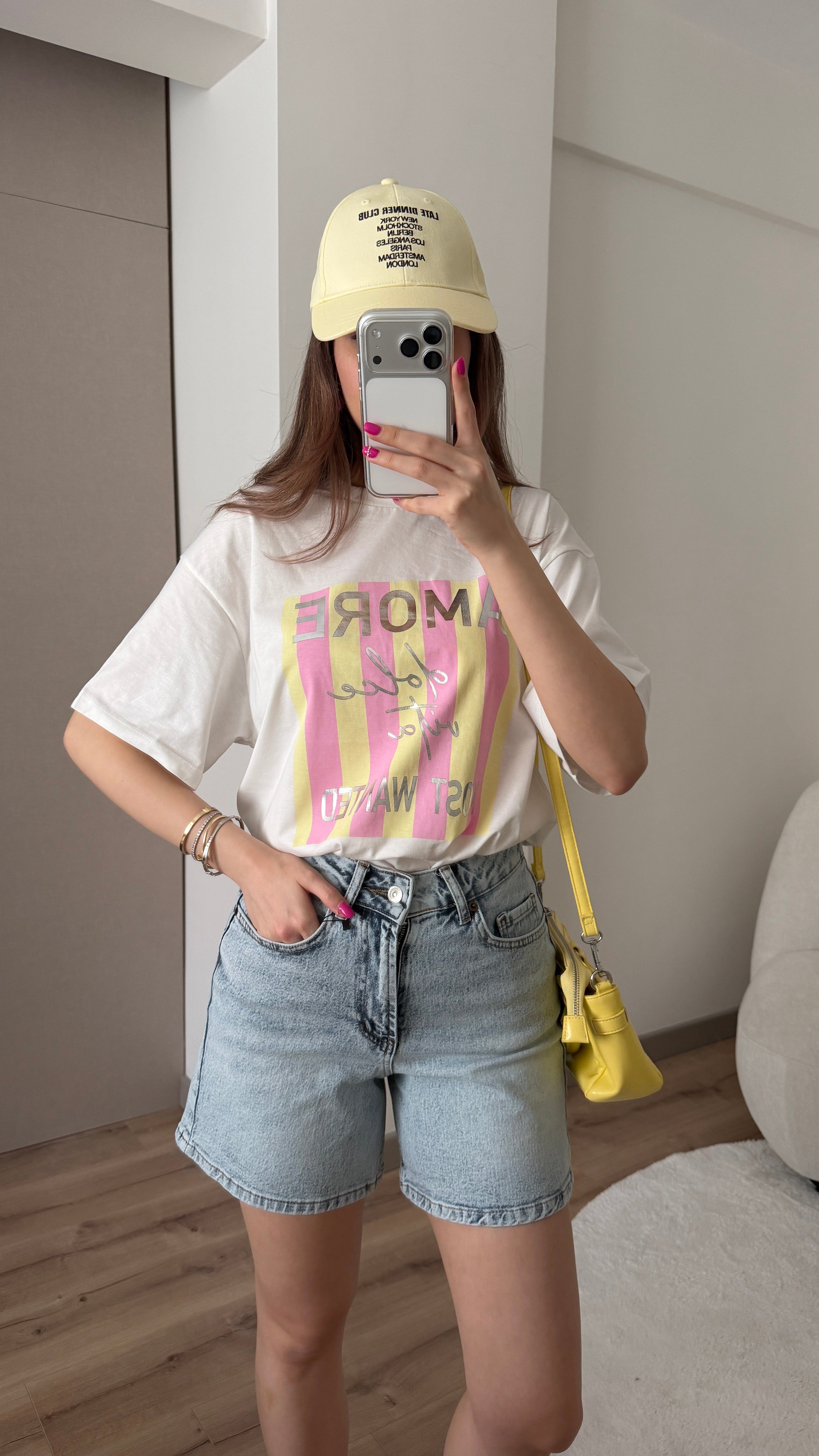 %100 PAMUK PEMBE SARI BASKILI TSHİRT