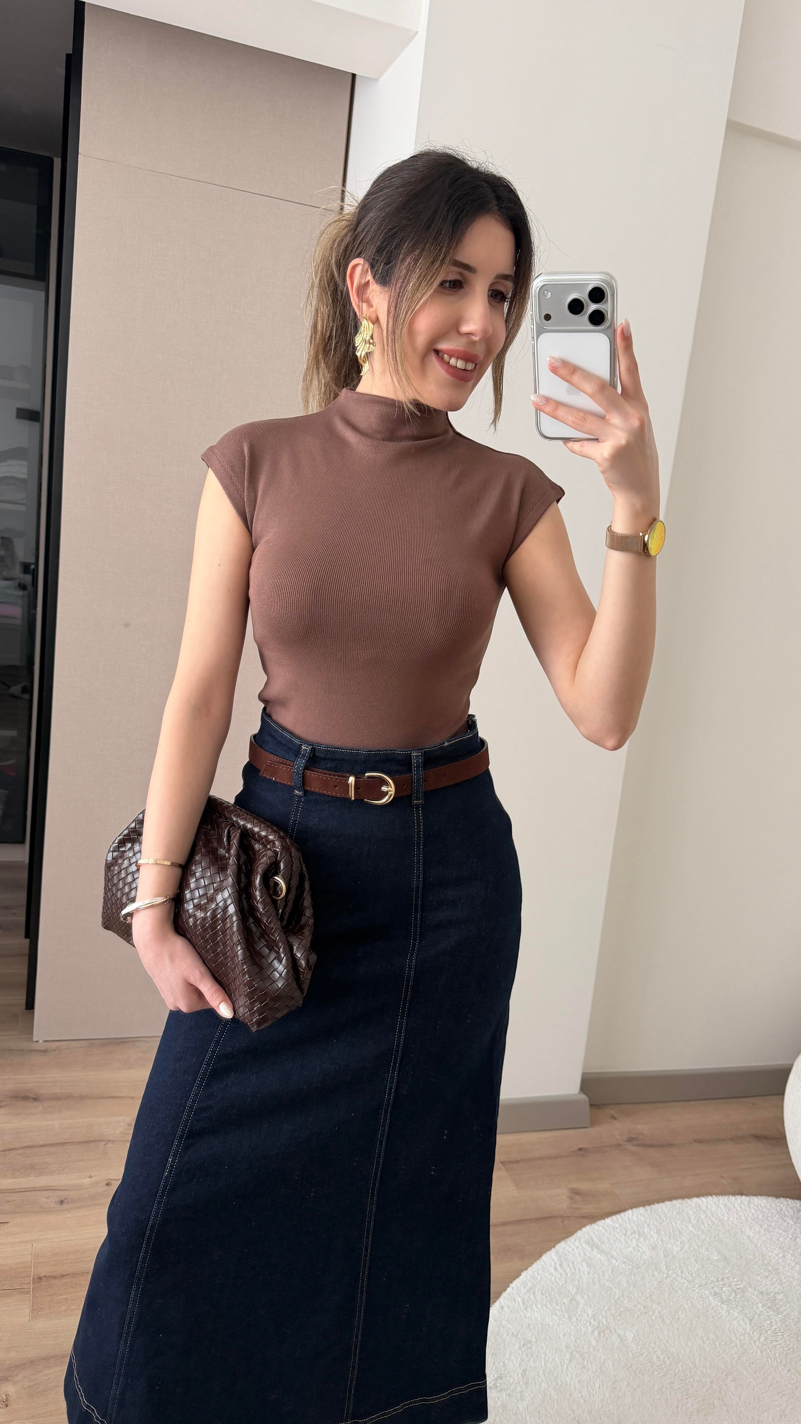 BALIKÇI YAKA KISA KOLLU KAHVE FİTİLLİ BLUZ