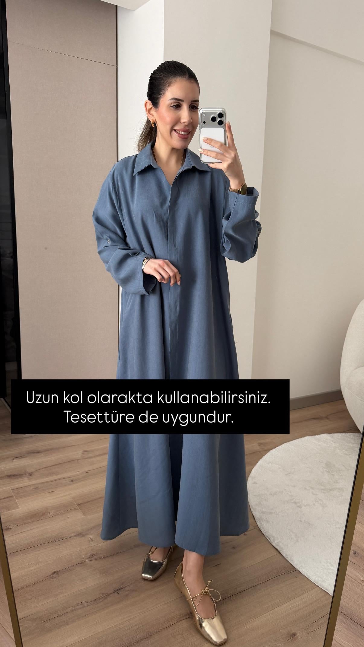 KEMERLİ İNDİGO MODAL GÖMLEK ELBİSE