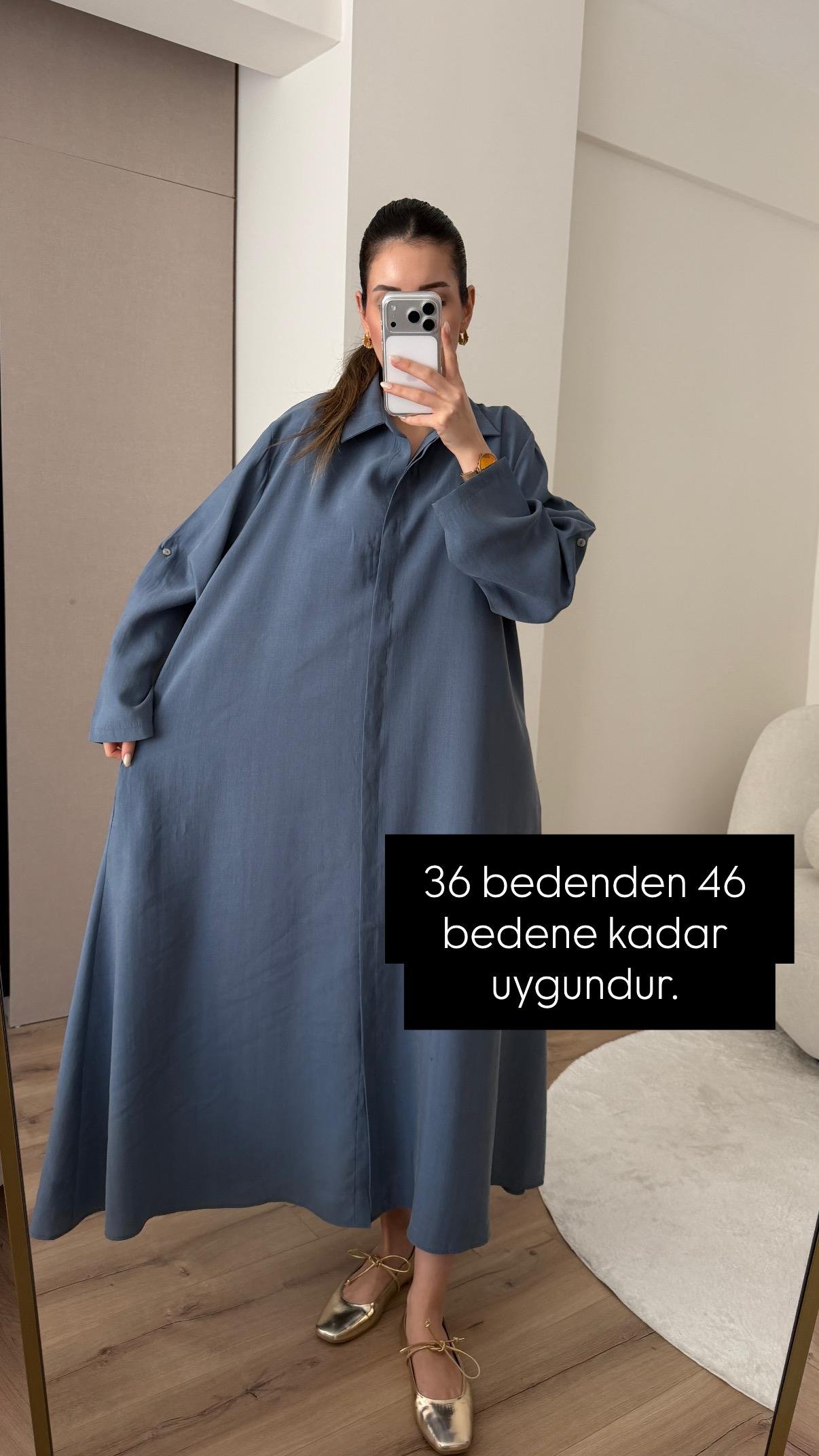 KEMERLİ İNDİGO MODAL GÖMLEK ELBİSE