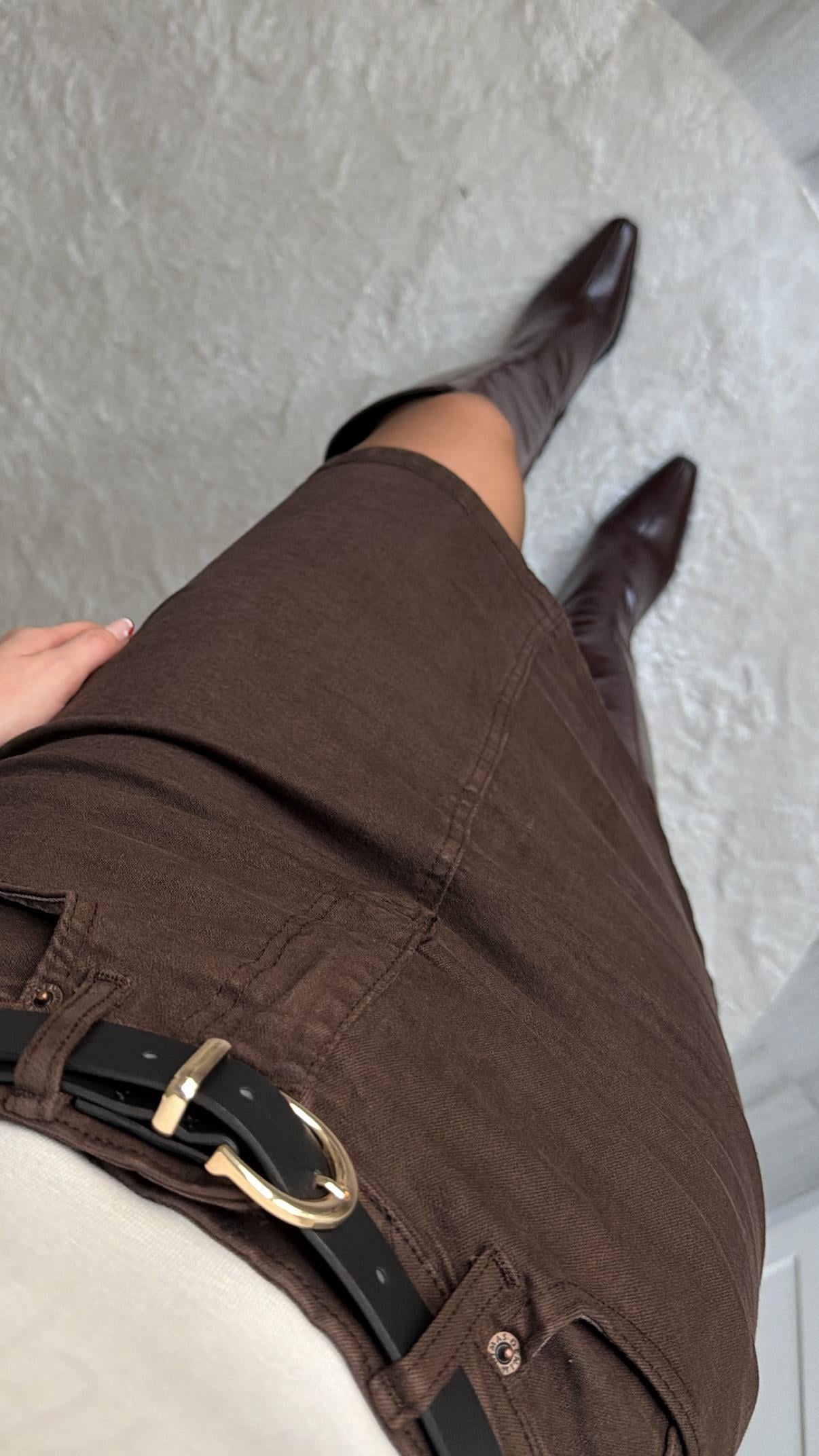 KEMERLİ KAHVE DENİM ETEK