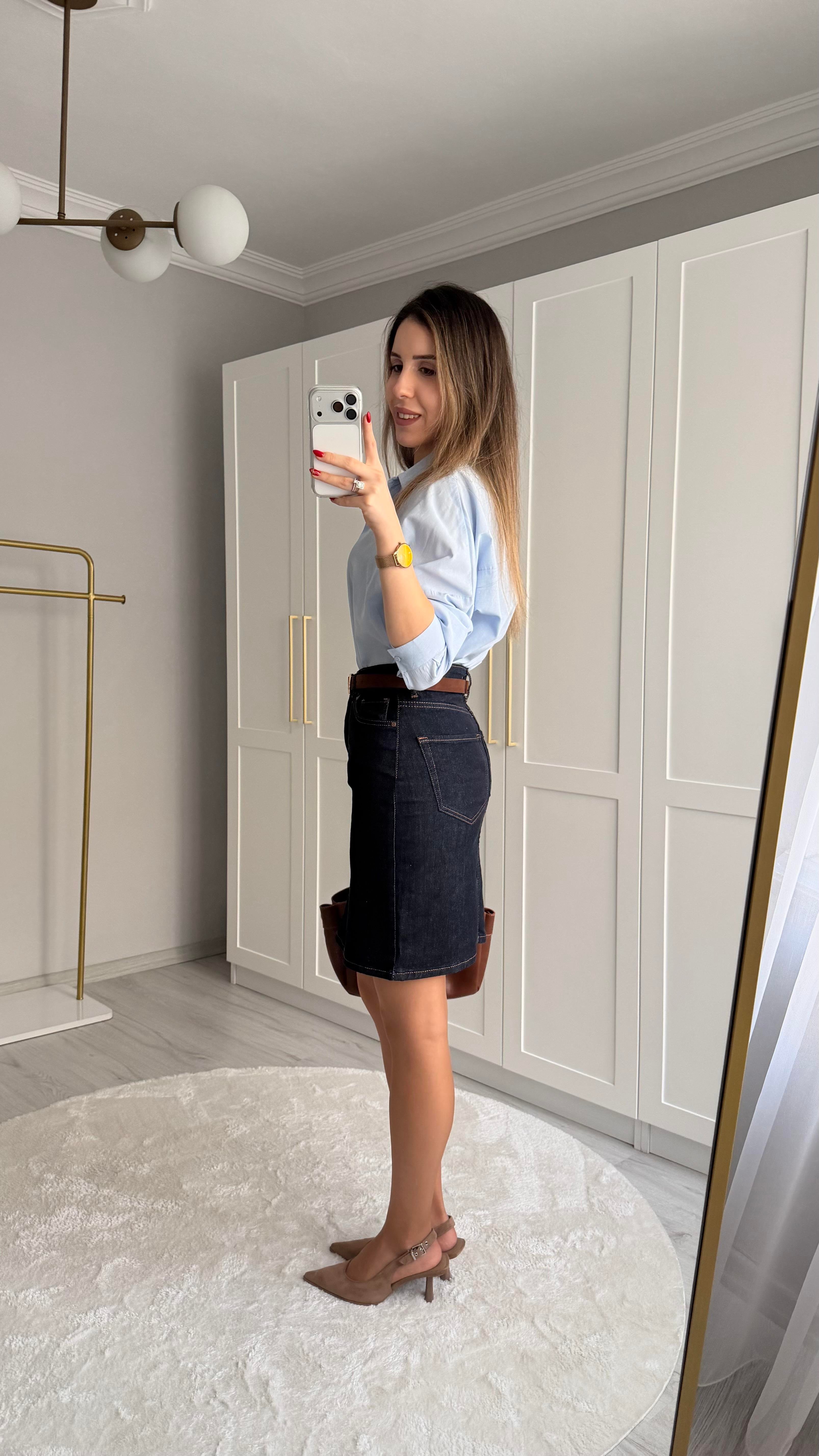KEMERLİ LACİVERT DENİM ETEK