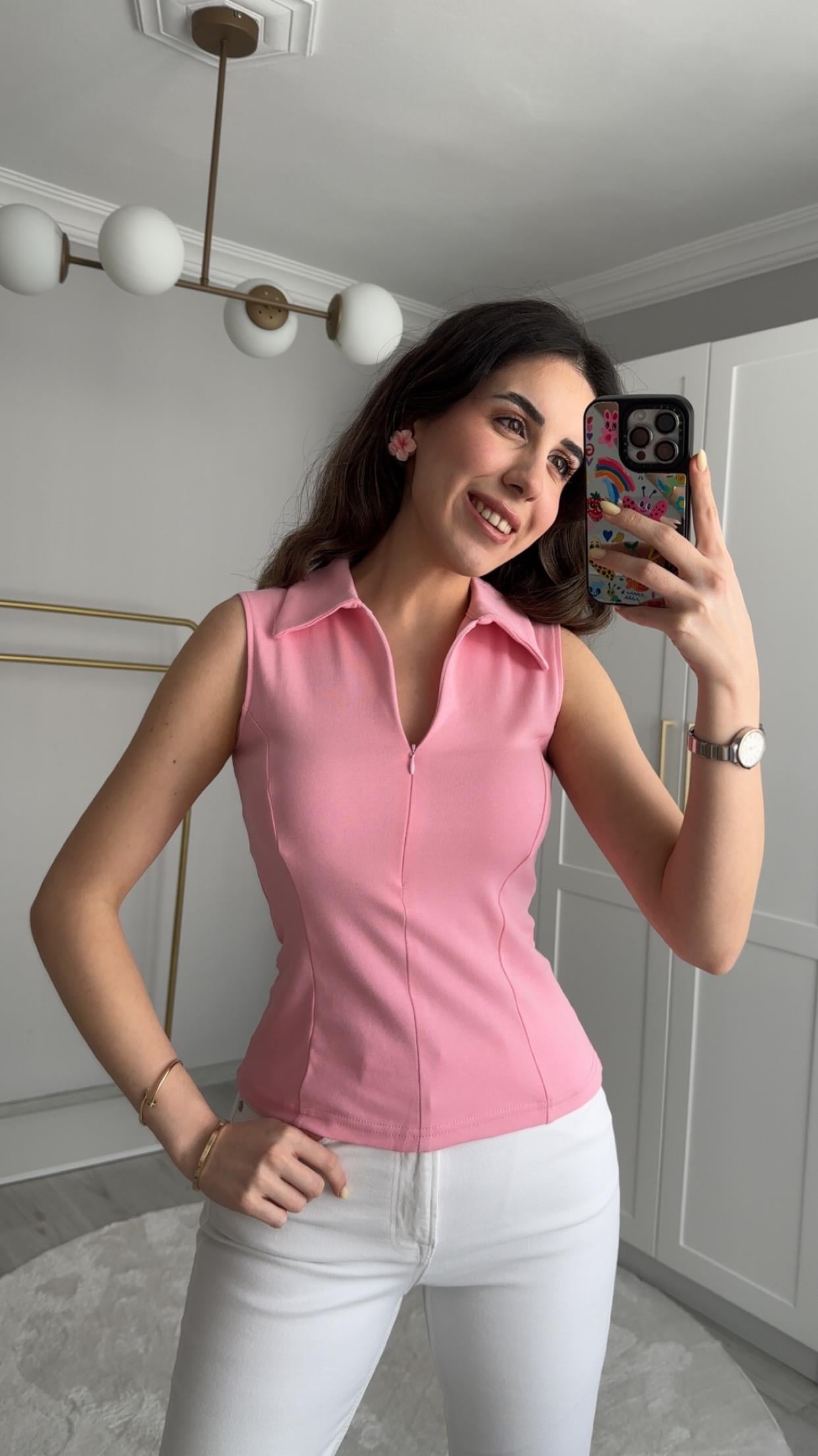 KOLSUZ FERMUARLI PEMBE BLUZ