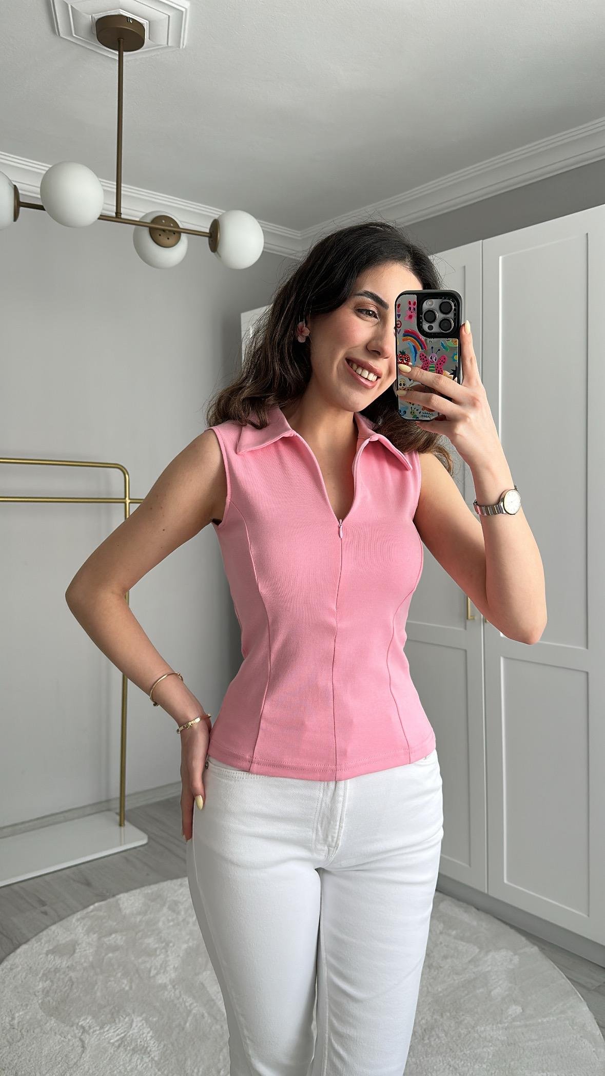 KOLSUZ FERMUARLI PEMBE BLUZ