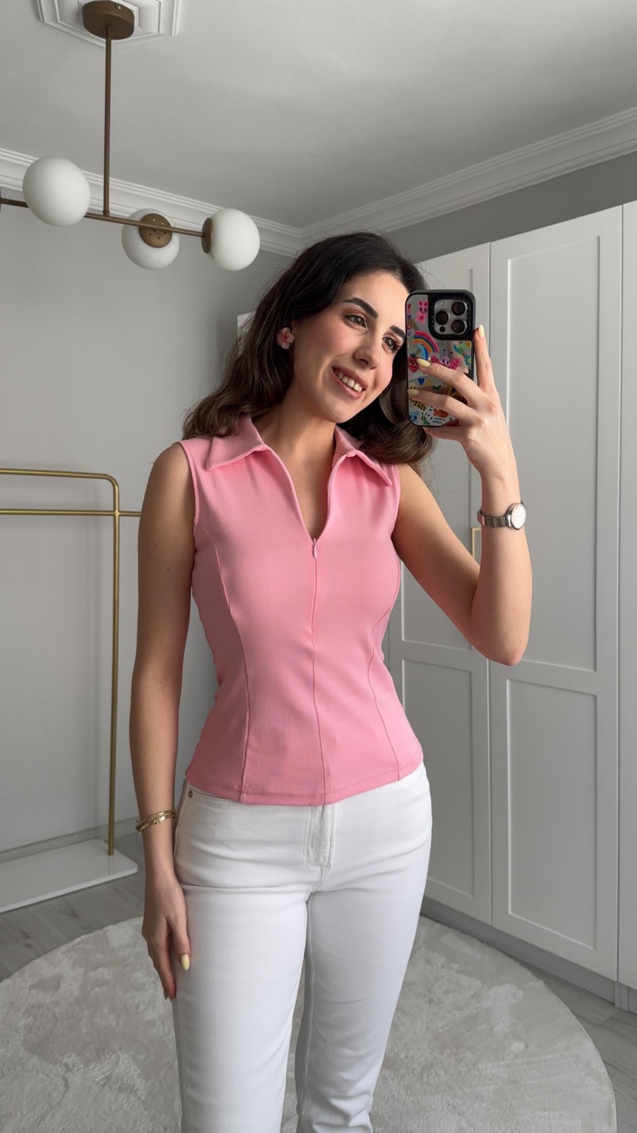 KOLSUZ FERMUARLI PEMBE BLUZ