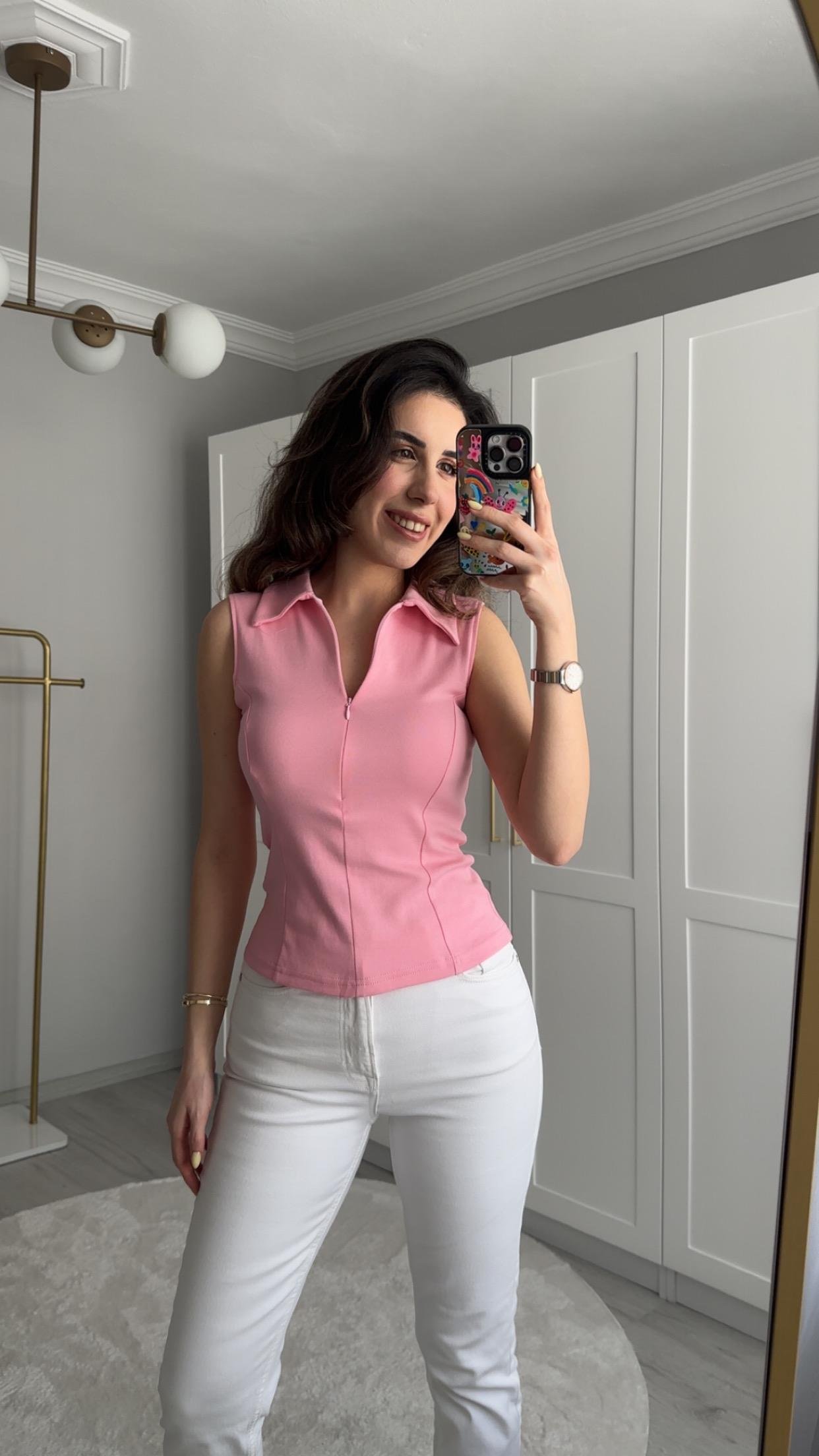 KOLSUZ FERMUARLI PEMBE BLUZ