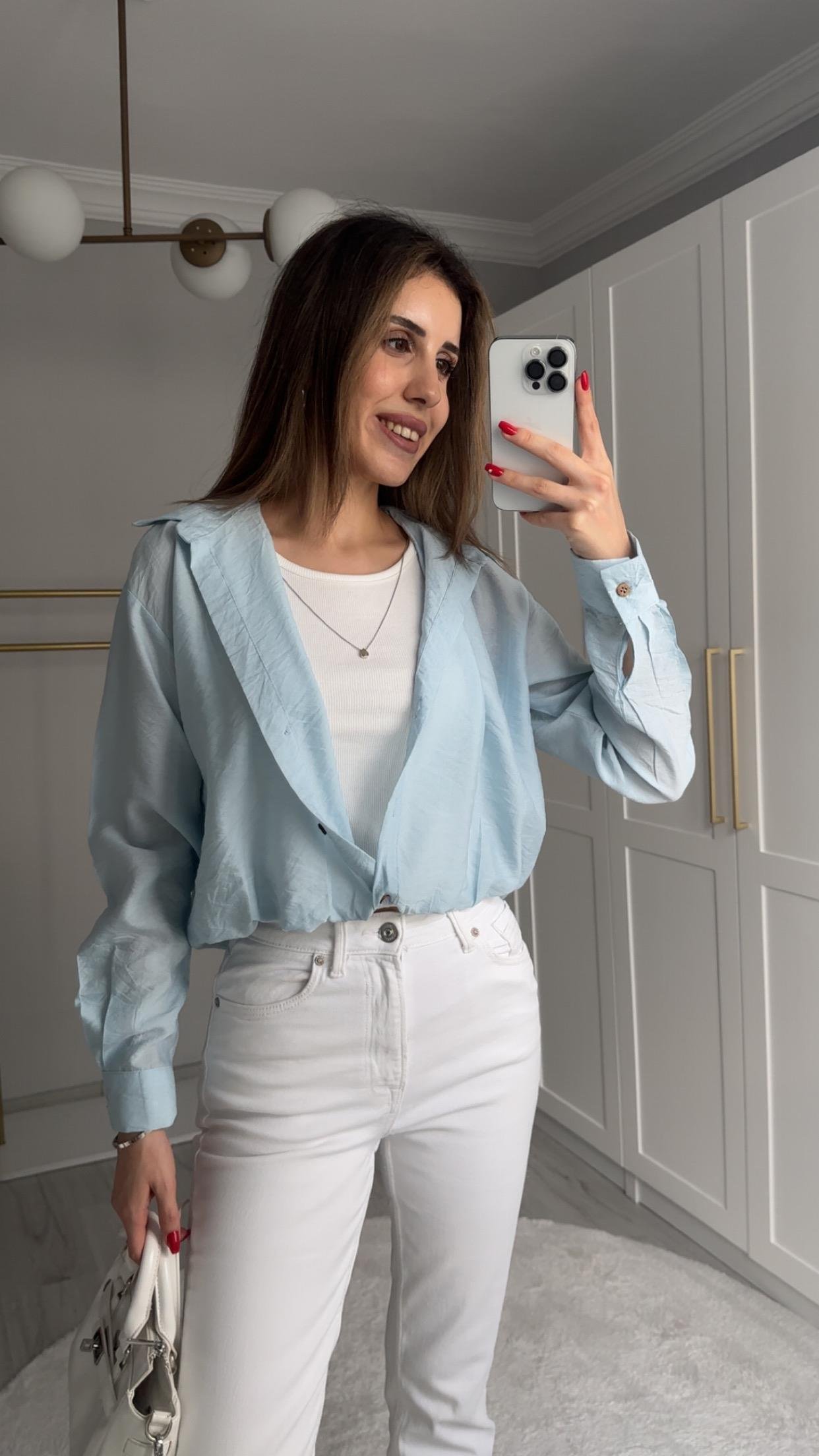 KOLYELİ BUZ MAVİSİ BODY GÖMLEK